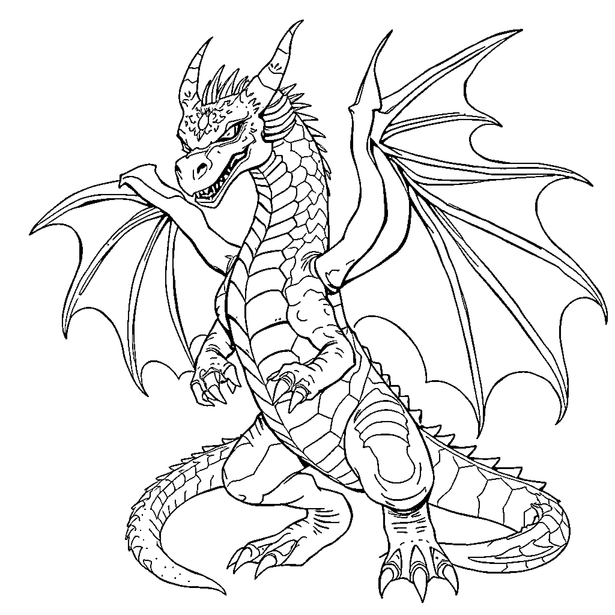 Dragon displaying fierce wings and claws Coloring Page (free black-and-white line drawing printable PDF for all, from beginners to advanced learners, including children, teens, adults, and seniors)