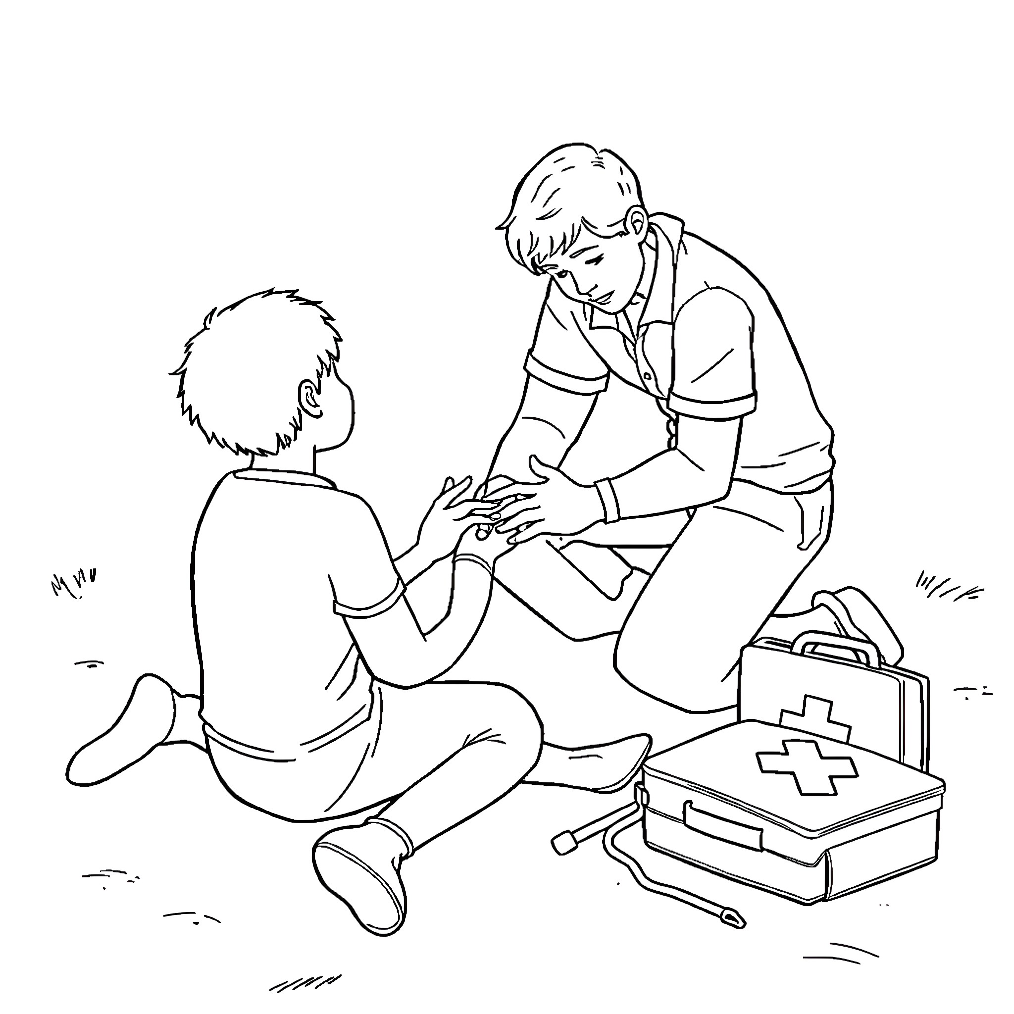 First Aid for Injured Person in Need Coloring Page (free black-and-white line drawing printable PDF for all, from beginners to advanced learners, including children, teens, adults, and seniors)