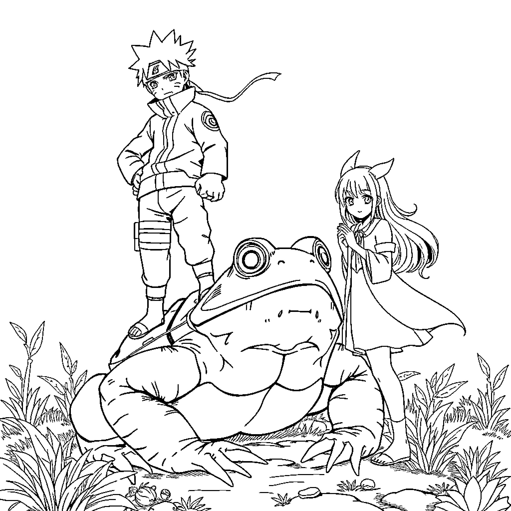 Naruto and Friends Exploring the Outdoors Coloring Page (free black-and-white line drawing printable PDF for all, from beginners to advanced learners, including children, teens, adults, and seniors)