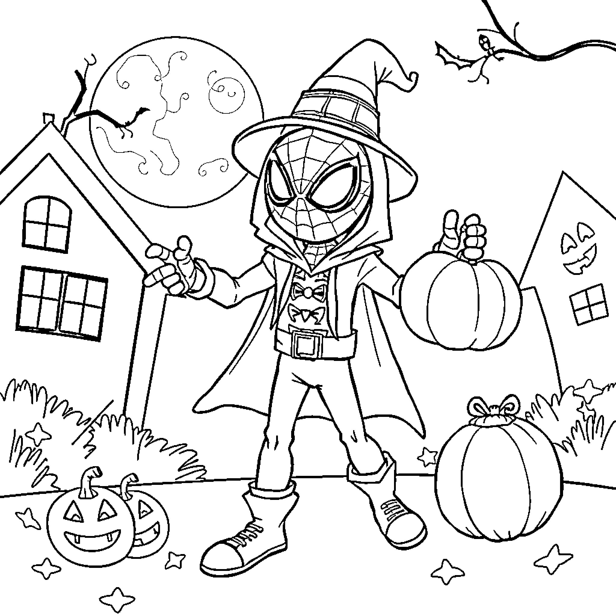 Spidey's Halloween Adventure with Pumpkins and Bats Coloring Page (free black-and-white line drawing printable PDF for all, from beginners to advanced learners, including children, teens, adults, and seniors)
