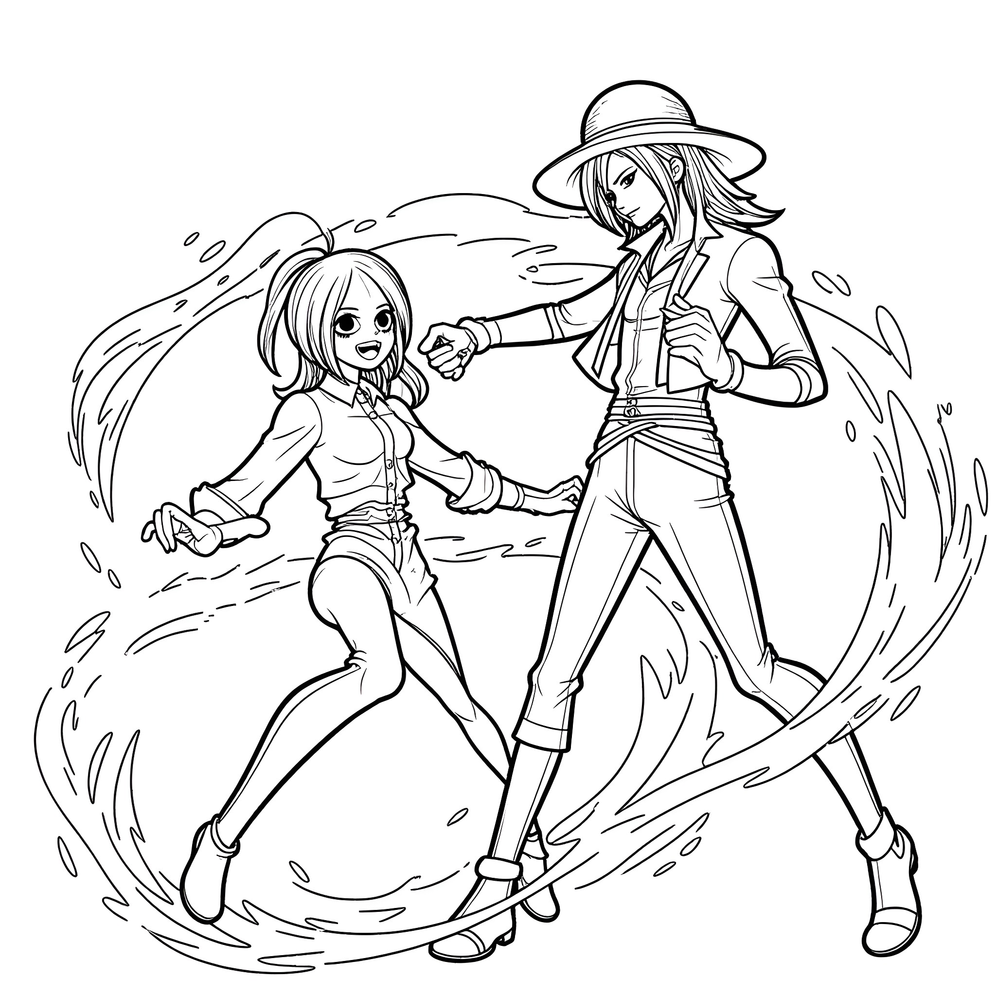 Nami and her friend engaged in a dynamic action scene Coloring Page (free black-and-white line drawing printable PDF for all, from beginners to advanced learners, including children, teens, adults, and seniors)