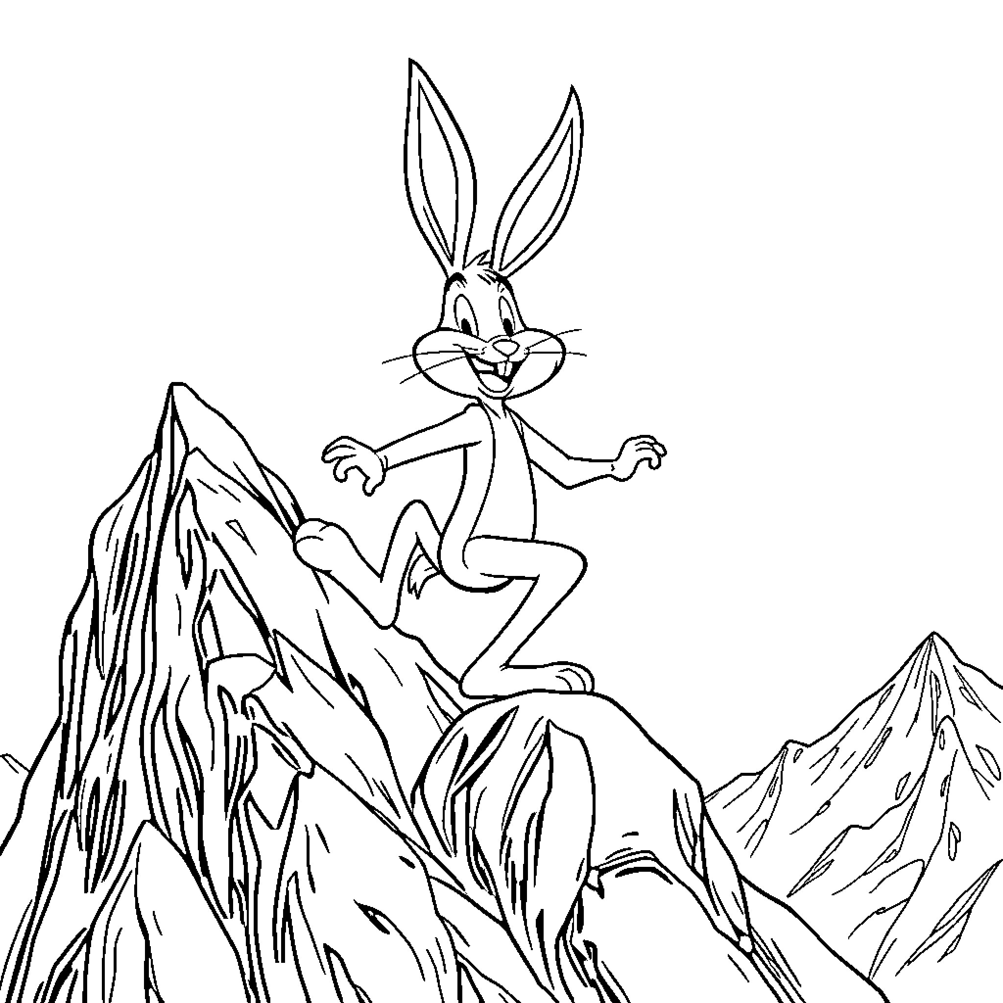 Bugs Bunny exploring the rocky mountain landscape Coloring Page (free black-and-white line drawing printable PDF for all, from beginners to advanced learners, including children, teens, adults, and seniors)