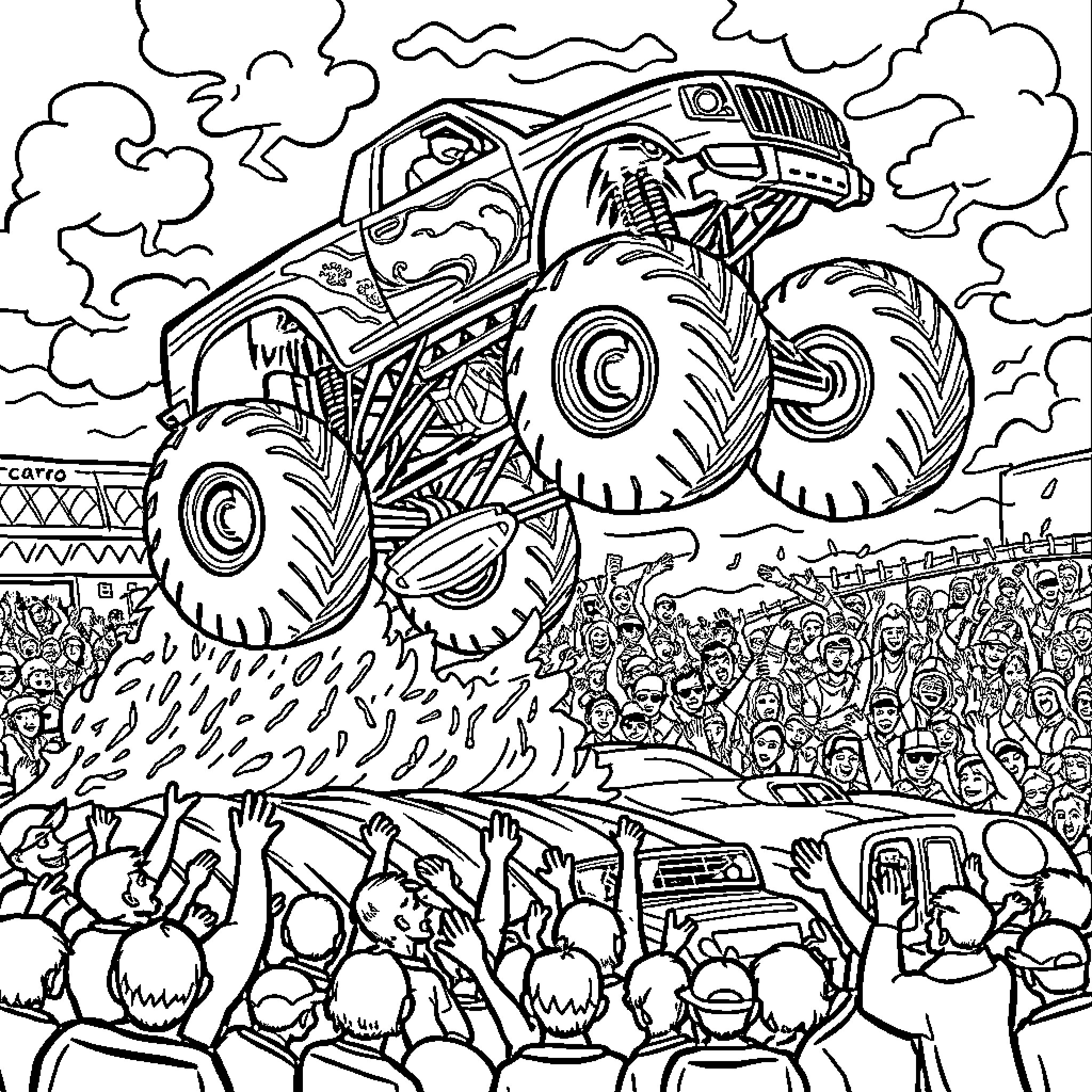 Monster Truck Soaring Through Crowd at Event Coloring Page (free black-and-white line drawing printable PDF for all, from beginners to advanced learners, including children, teens, adults, and seniors)