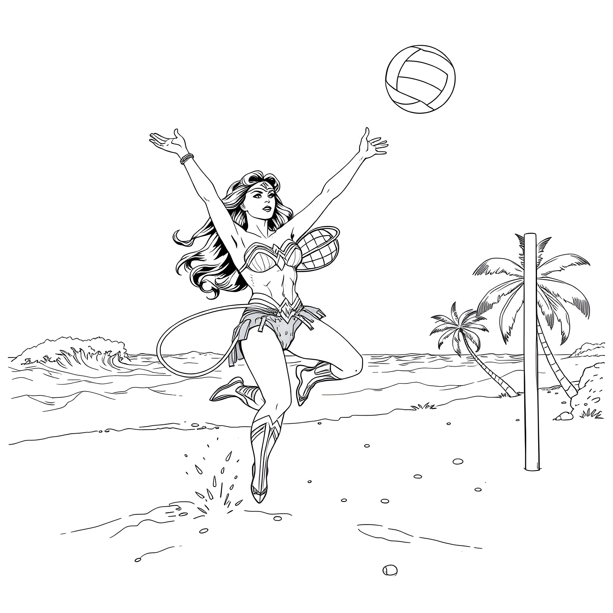 Wonder Woman Enjoying Beach Volleyball on Tropical Island Coloring Page (free black-and-white line drawing printable PDF for all, from beginners to advanced learners, including children, teens, adults, and seniors)
