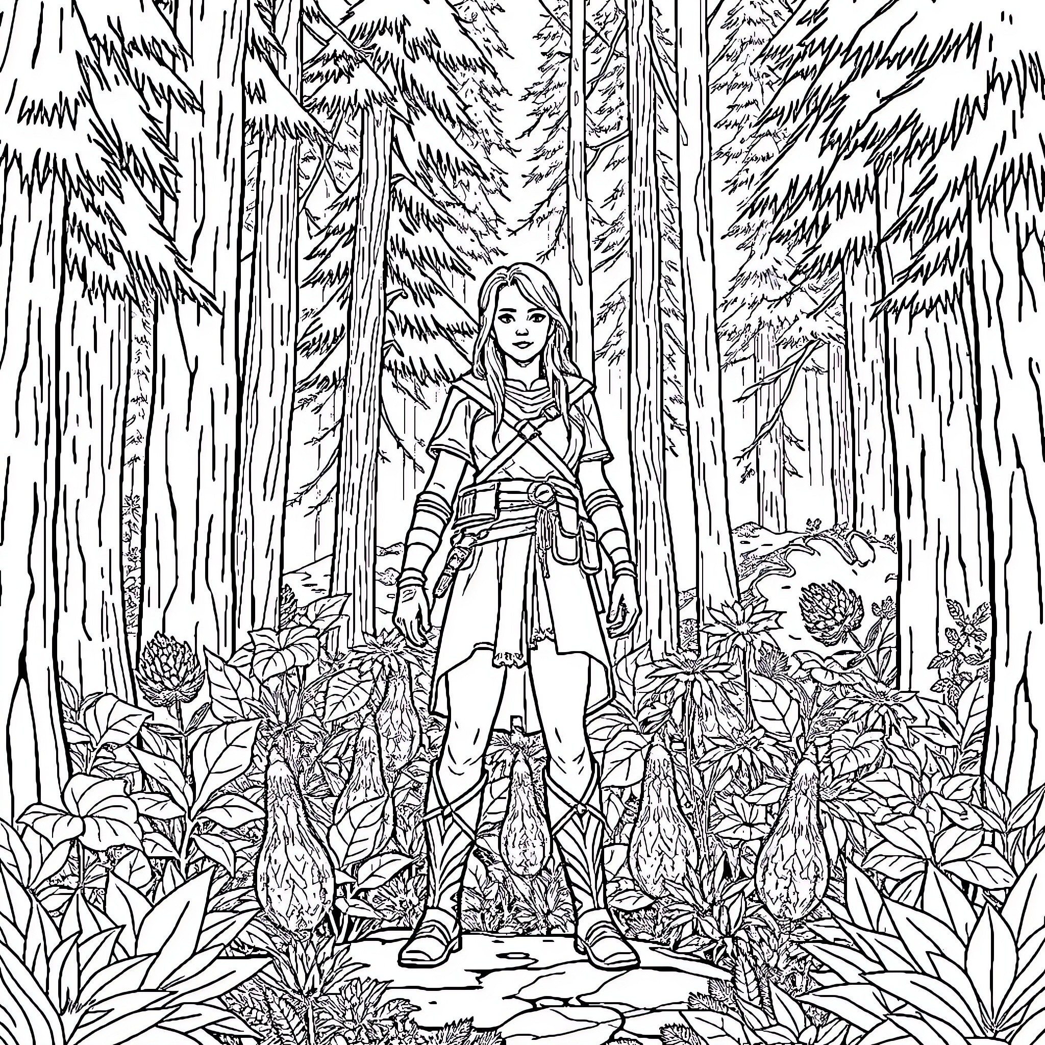 Edh Adventurer in Enchanted Forest Coloring Page (free black-and-white line drawing printable PDF for all, from beginners to advanced learners, including children, teens, adults, and seniors)