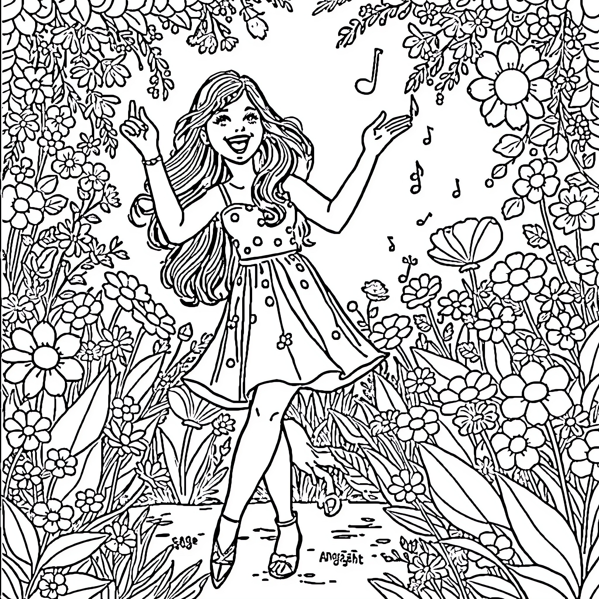 Ange Yuki dancing joyfully in a floral paradise Coloring Page (free black-and-white line drawing printable PDF for all, from beginners to advanced learners, including children, teens, adults, and seniors)