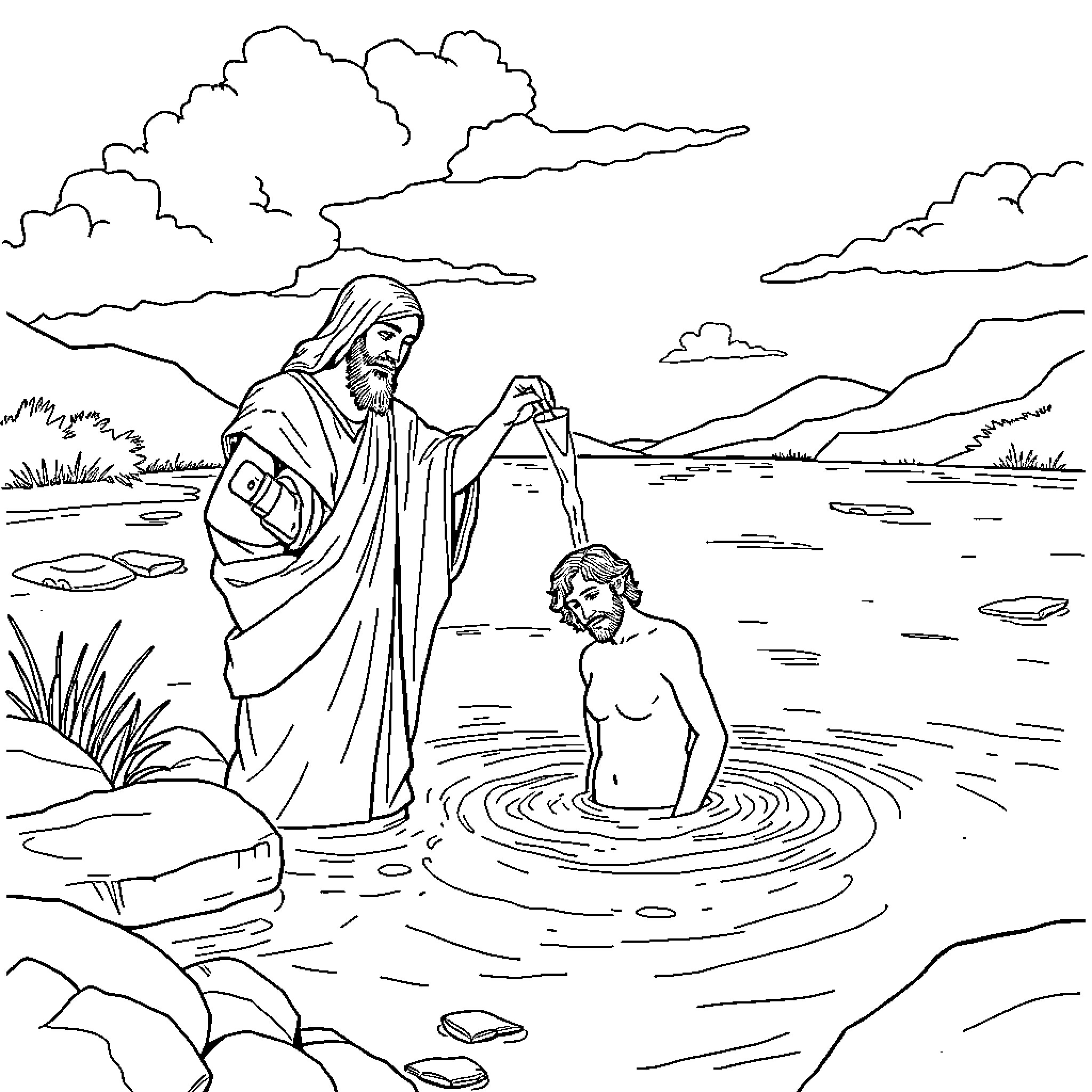 Baptism of a person in a river surrounded by nature Coloring Page (free black-and-white line drawing printable PDF for all, from beginners to advanced learners, including children, teens, adults, and seniors)