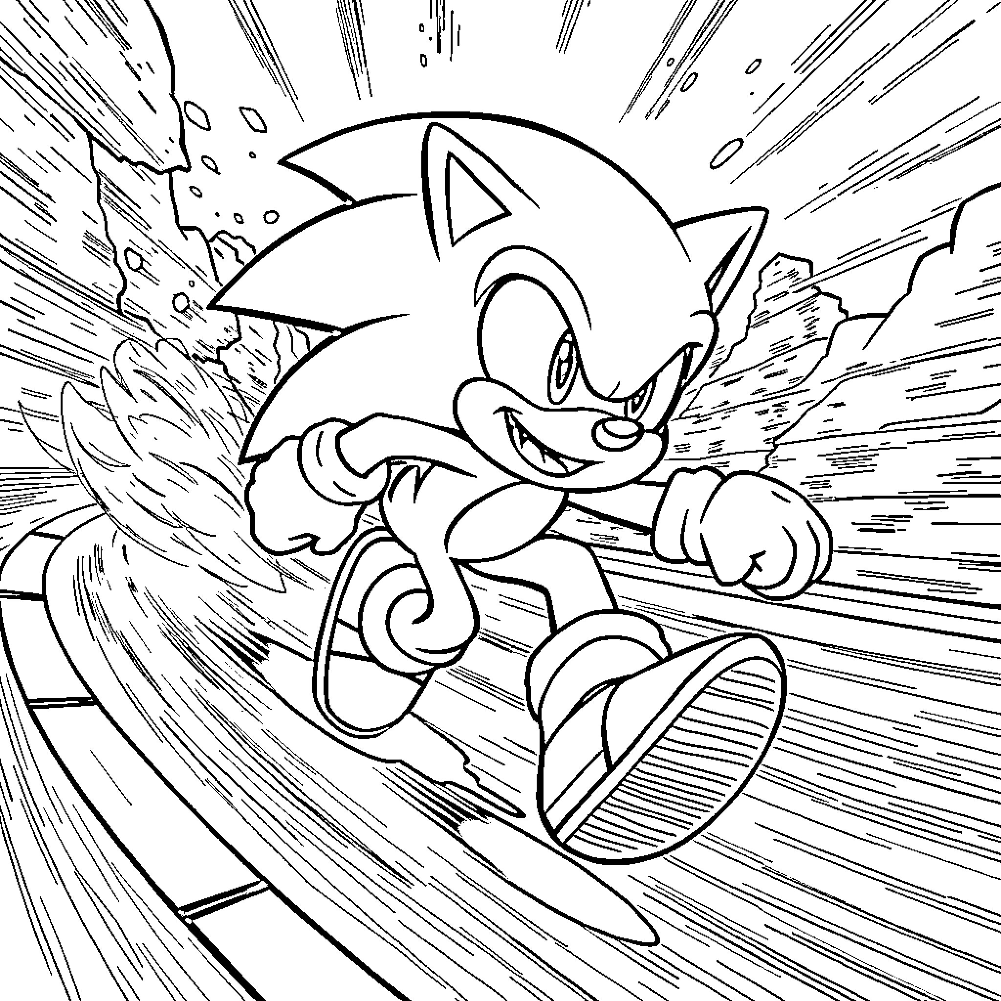 Sonic's Speedy Adventure Coloring Page (free black-and-white line drawing printable PDF for all, from beginners to advanced learners, including children, teens, adults, and seniors)