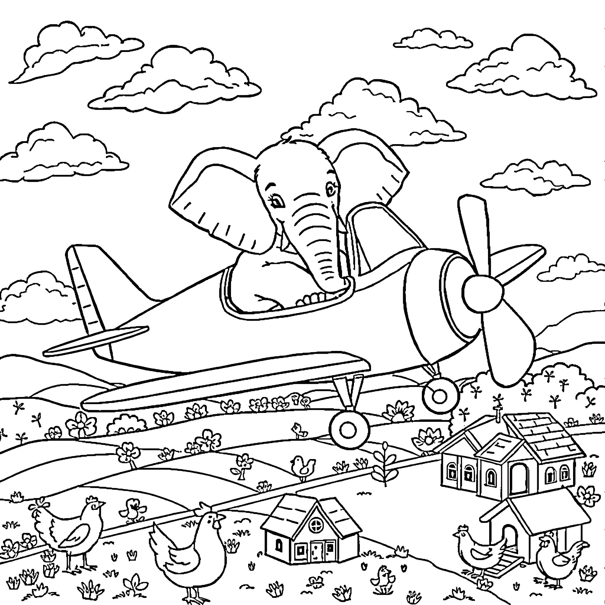 Elephant Soaring in the Sky in a Biplane Coloring Page (free black-and-white line drawing printable PDF for all, from beginners to advanced learners, including children, teens, adults, and seniors)