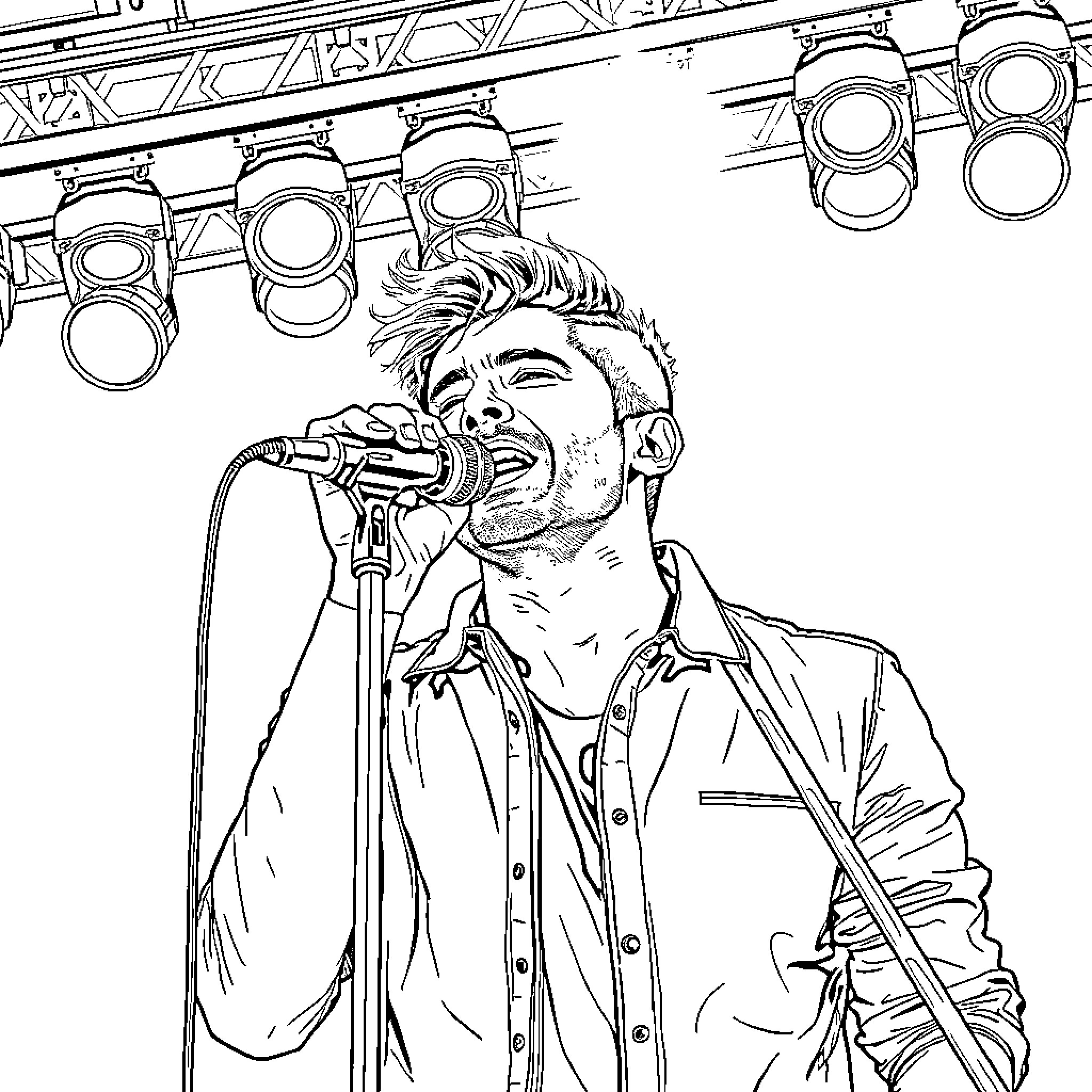 Joe Jonas performing on stage with microphone Coloring Page (free black-and-white line drawing printable PDF for all, from beginners to advanced learners, including children, teens, adults, and seniors)