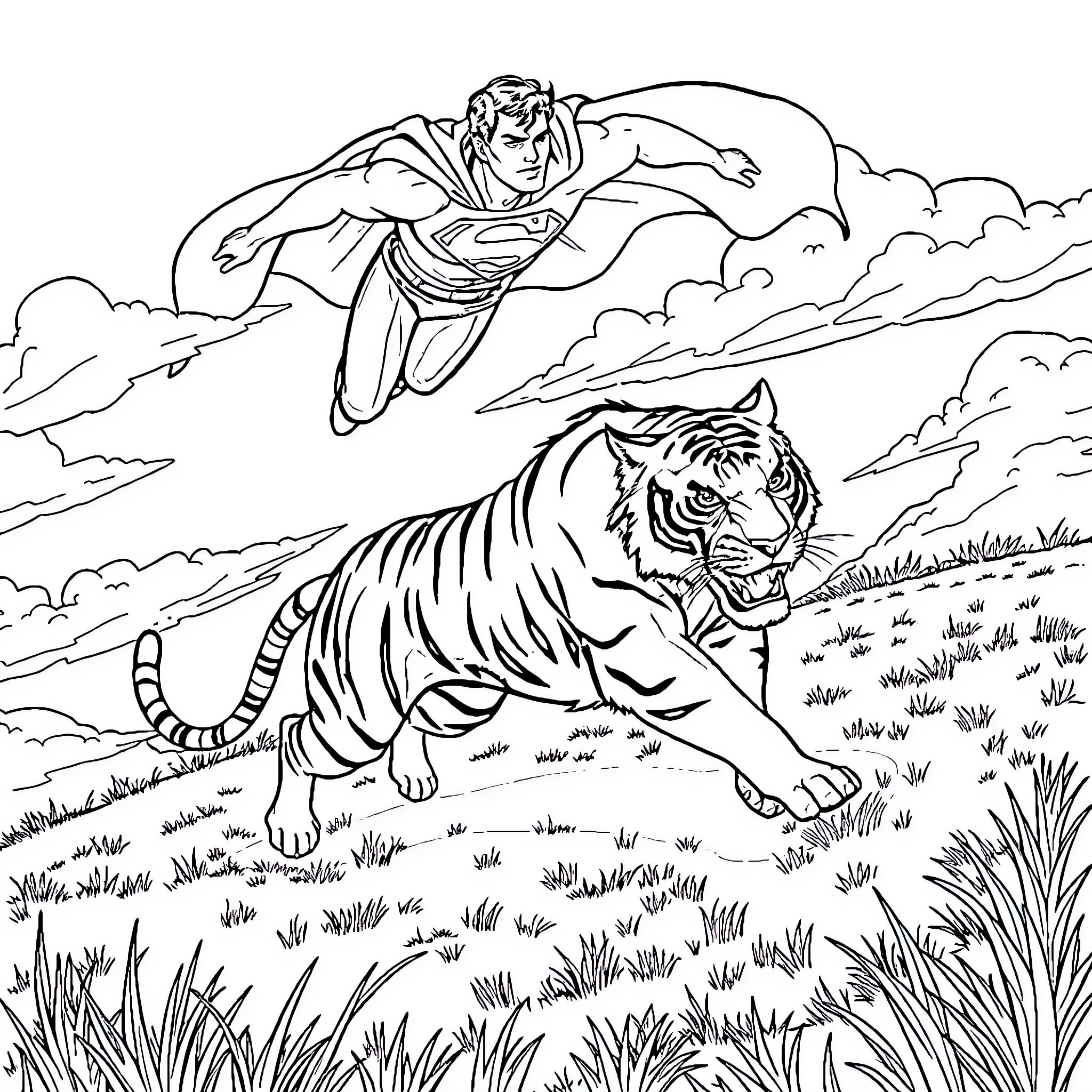 Superman flying over a prowling tiger in the wilderness Coloring Page (free black-and-white line drawing printable PDF for all, from beginners to advanced learners, including children, teens, adults, and seniors)