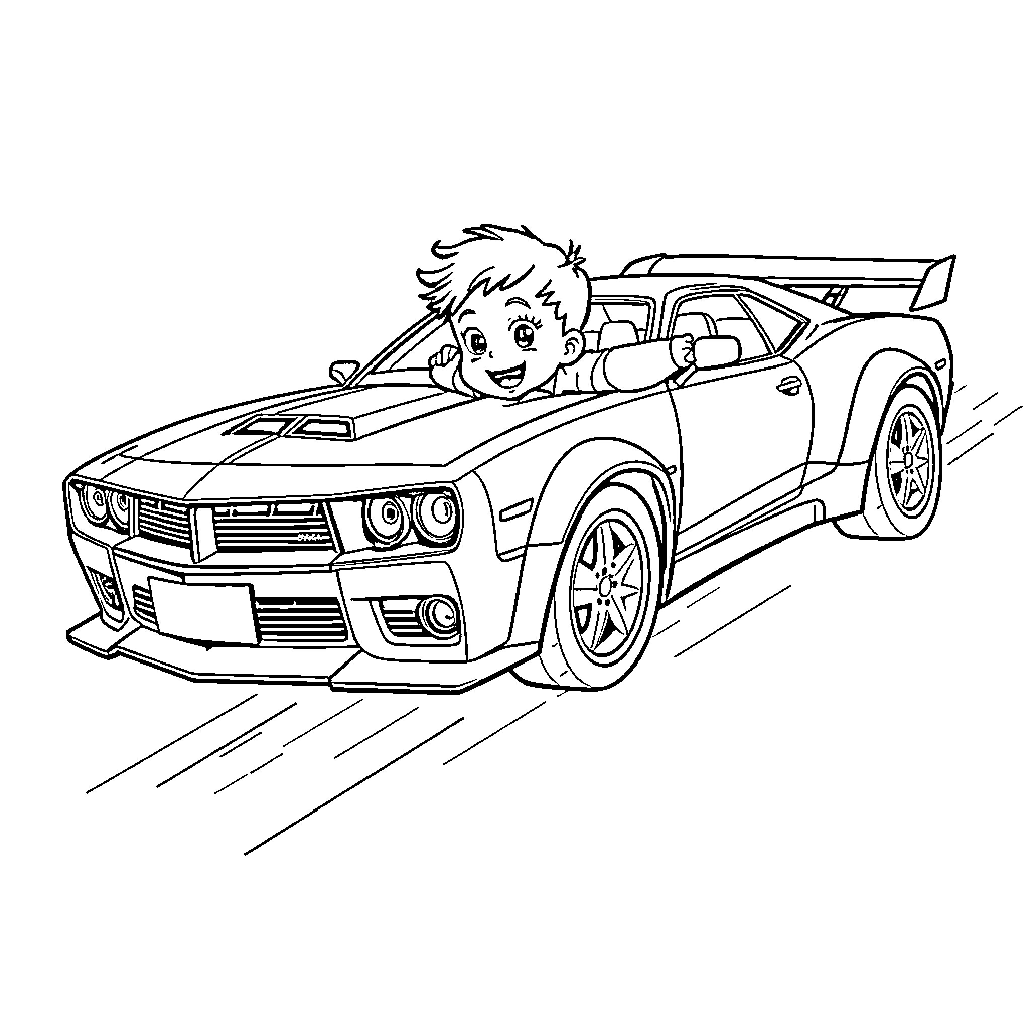 Child driving a sports car excitedly Coloring Page (free black-and-white line drawing printable PDF for all, from beginners to advanced learners, including children, teens, adults, and seniors)