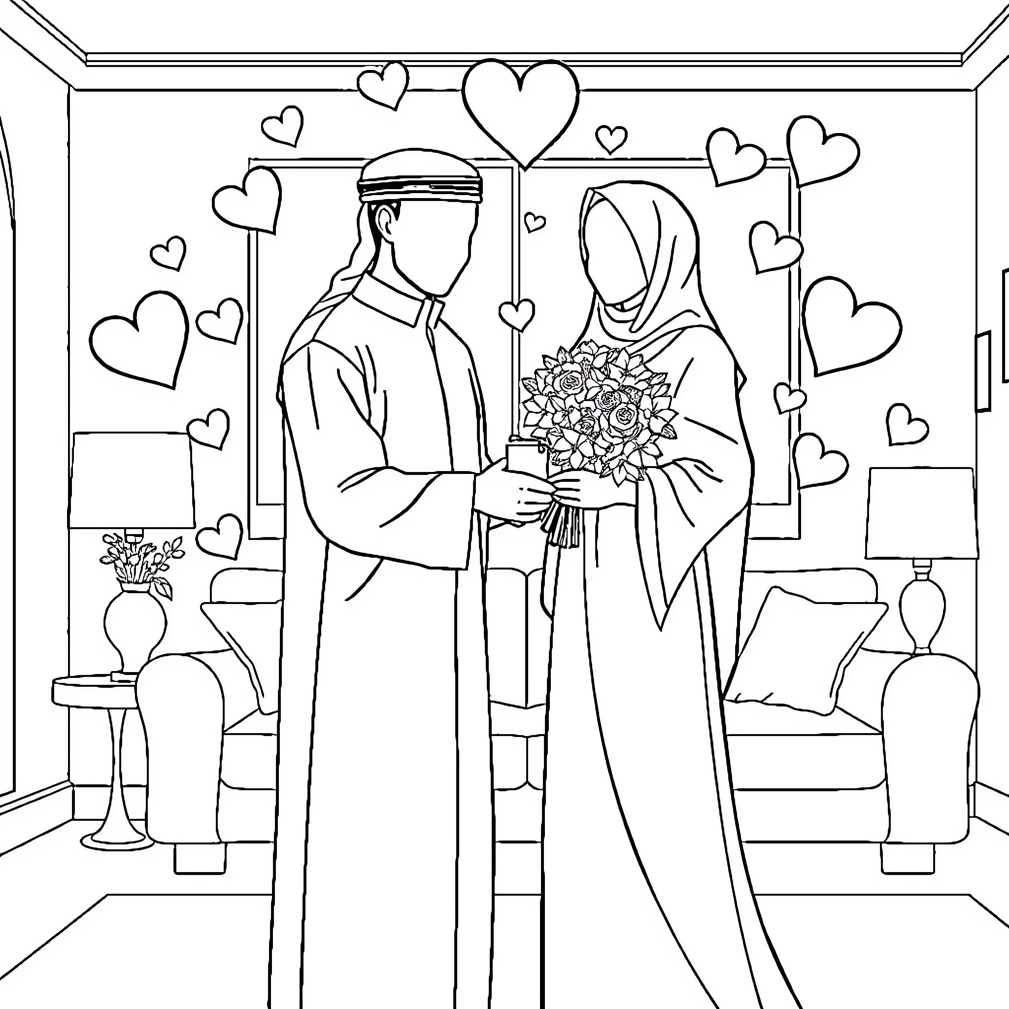 Muslim Couple in Celebration of Love Coloring Page (free black-and-white line drawing printable PDF for all, from beginners to advanced learners, including children, teens, adults, and seniors)