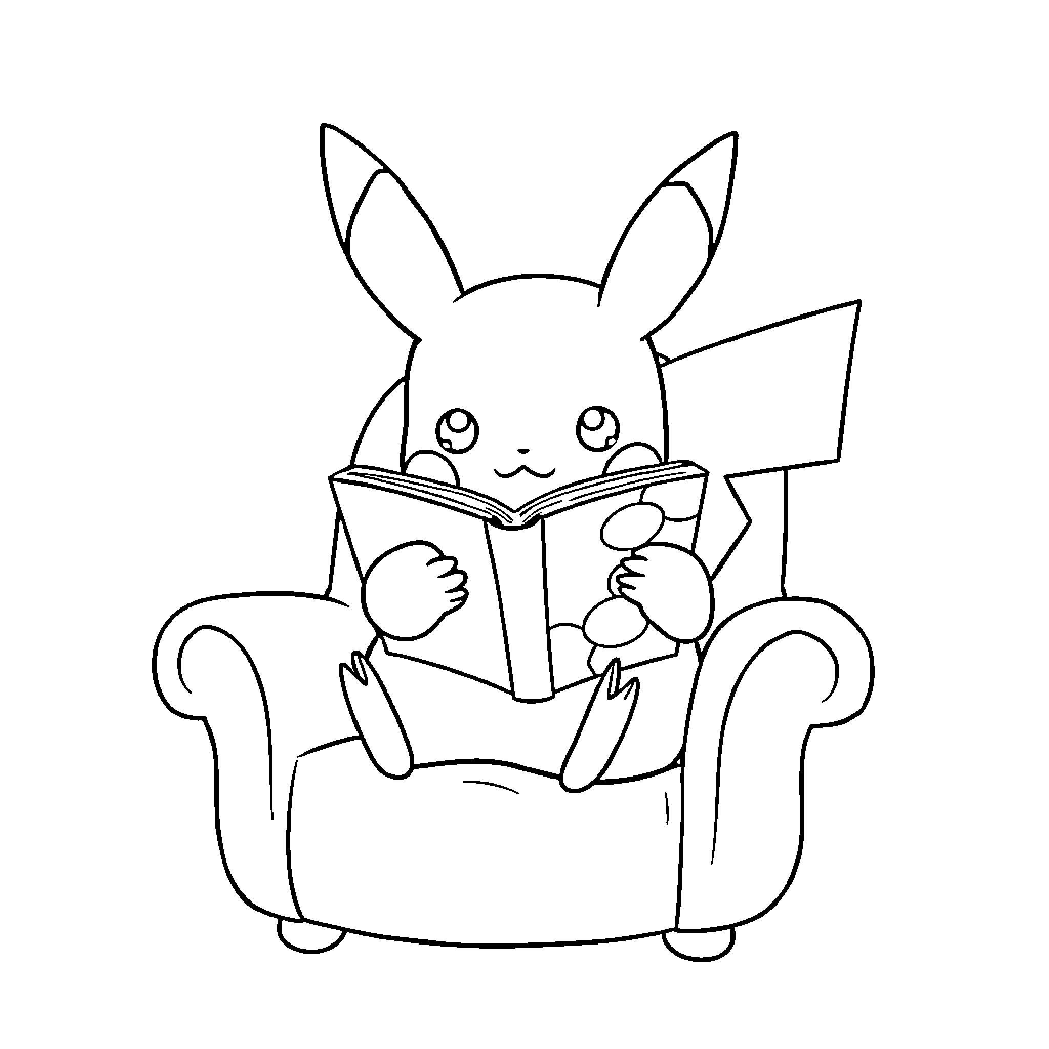 Pikachu reading a book on a couch Coloring Page (free black-and-white line drawing printable PDF for all, from beginners to advanced learners, including children, teens, adults, and seniors)