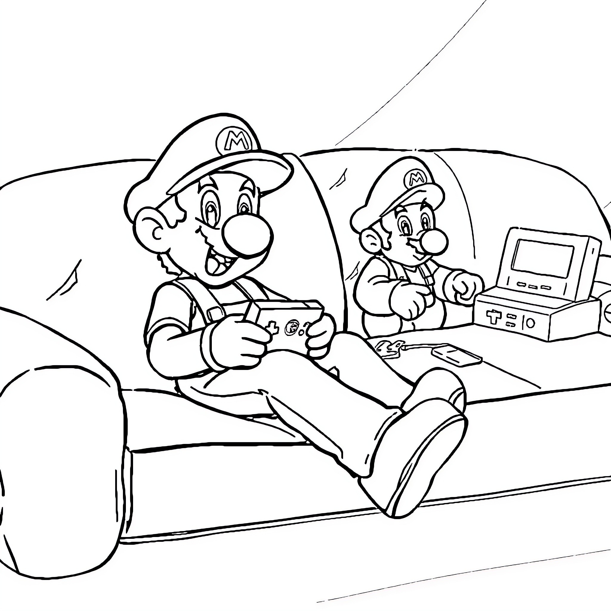 Mario Brothers Gaming Together Coloring Page (free black-and-white line drawing printable PDF for all, from beginners to advanced learners, including children, teens, adults, and seniors)