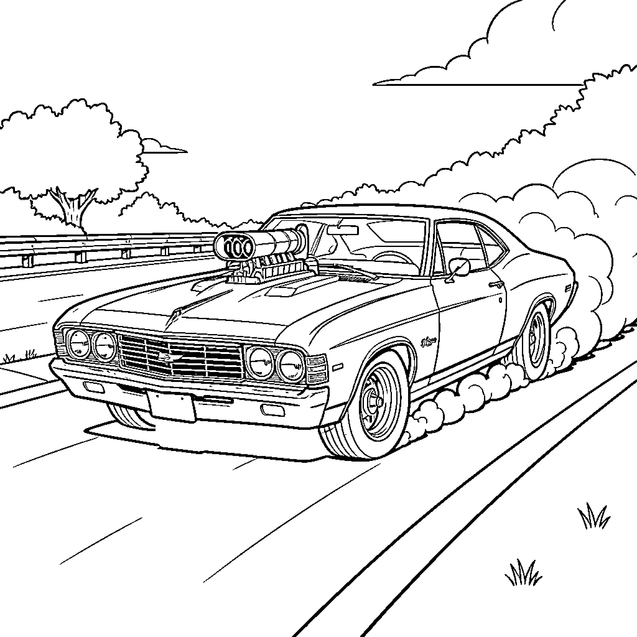 Chevrolet Chevelle speeding down the open road Coloring Page (free black-and-white line drawing printable PDF for all, from beginners to advanced learners, including children, teens, adults, and seniors)