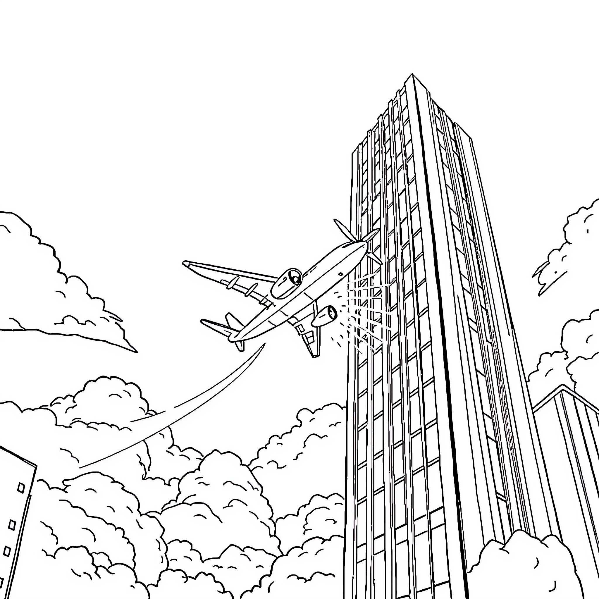 Airplane soaring over skyscrapers in the city Coloring Page (free black-and-white line drawing printable PDF for all, from beginners to advanced learners, including children, teens, adults, and seniors)