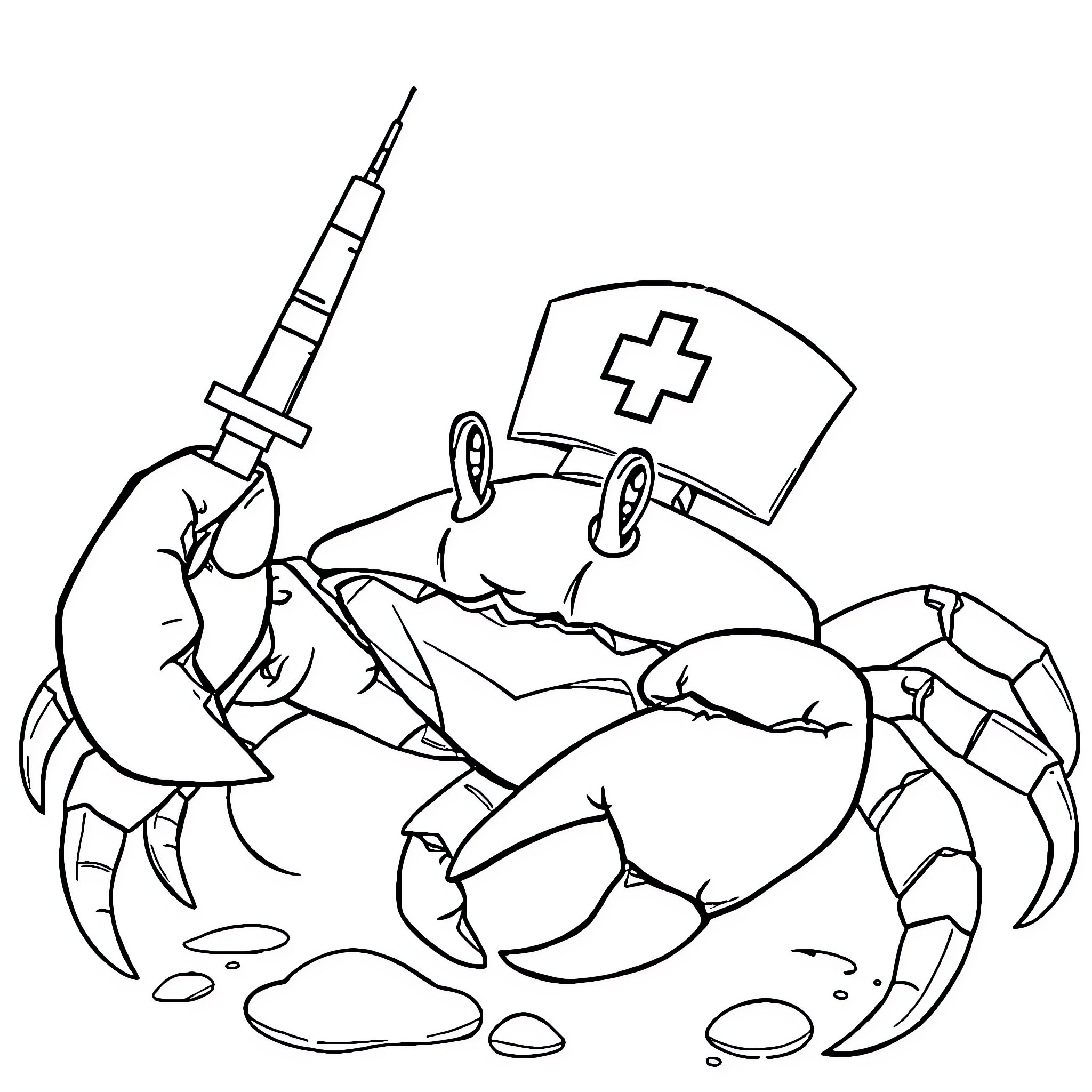 Crab operating on a patient with medical equipment Coloring Page (free black-and-white line drawing printable PDF for all, from beginners to advanced learners, including children, teens, adults, and seniors)