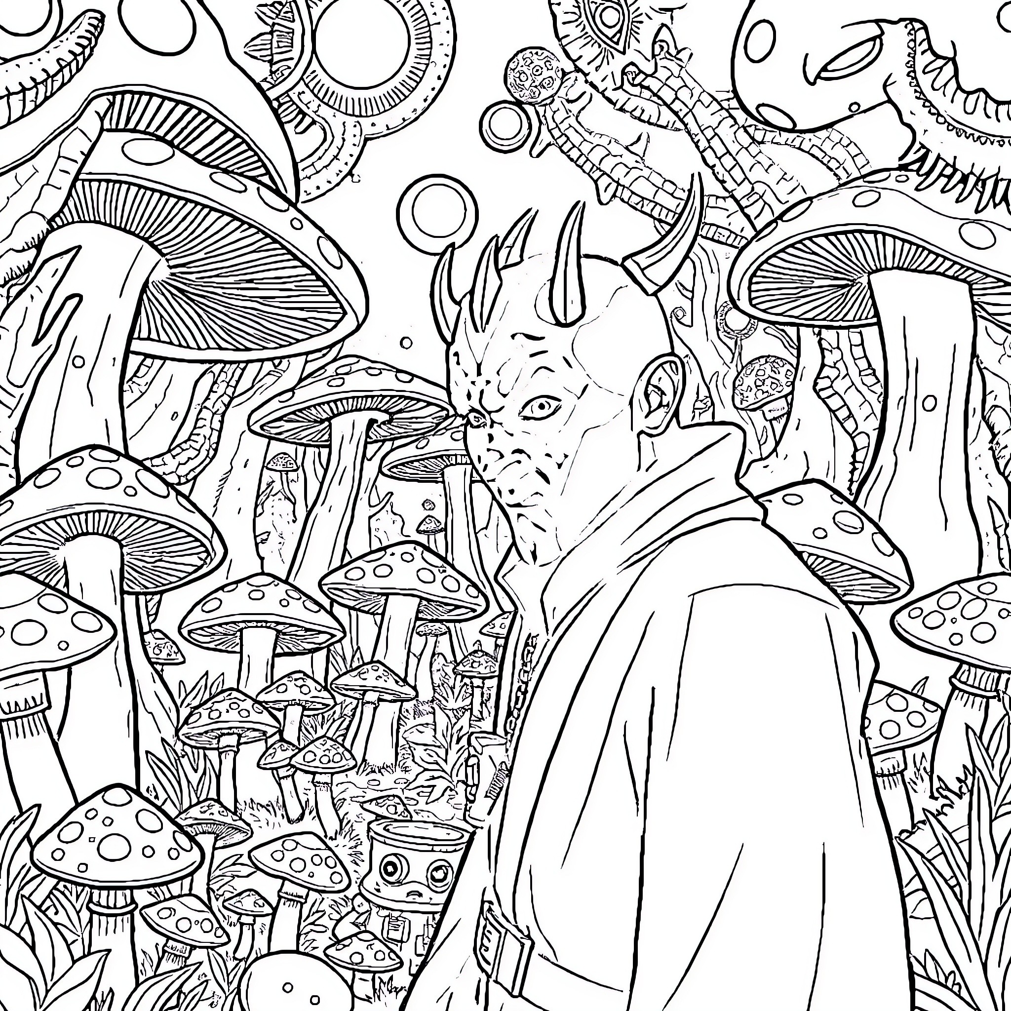 Darth Maul in a Fantastical Mushroom Forest Coloring Page (free black-and-white line drawing printable PDF for all, from beginners to advanced learners, including children, teens, adults, and seniors)