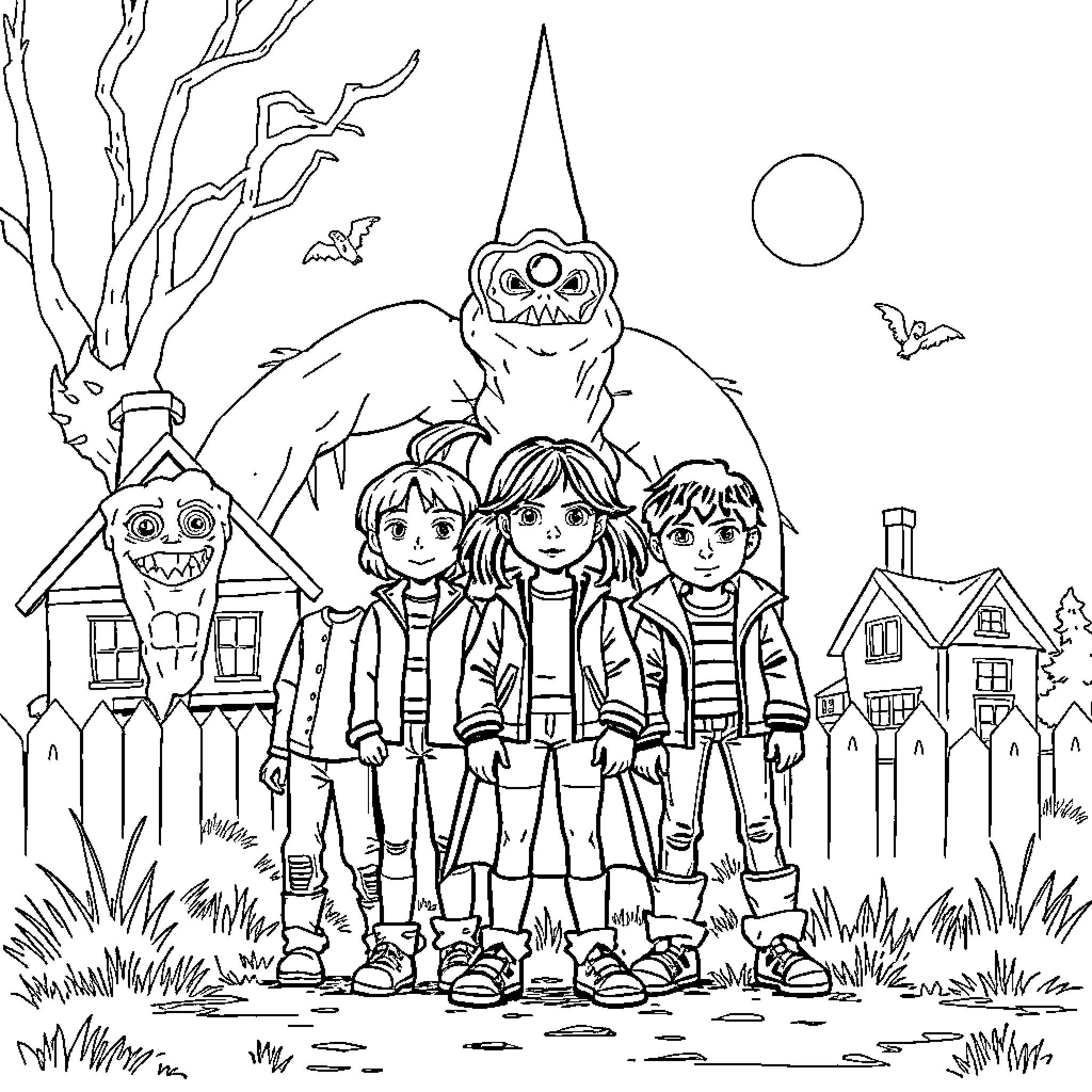 Stranger Things Group Adventure in a Spooky Neighborhood Coloring Page (free black-and-white line drawing printable PDF for all, from beginners to advanced learners, including children, teens, adults, and seniors)