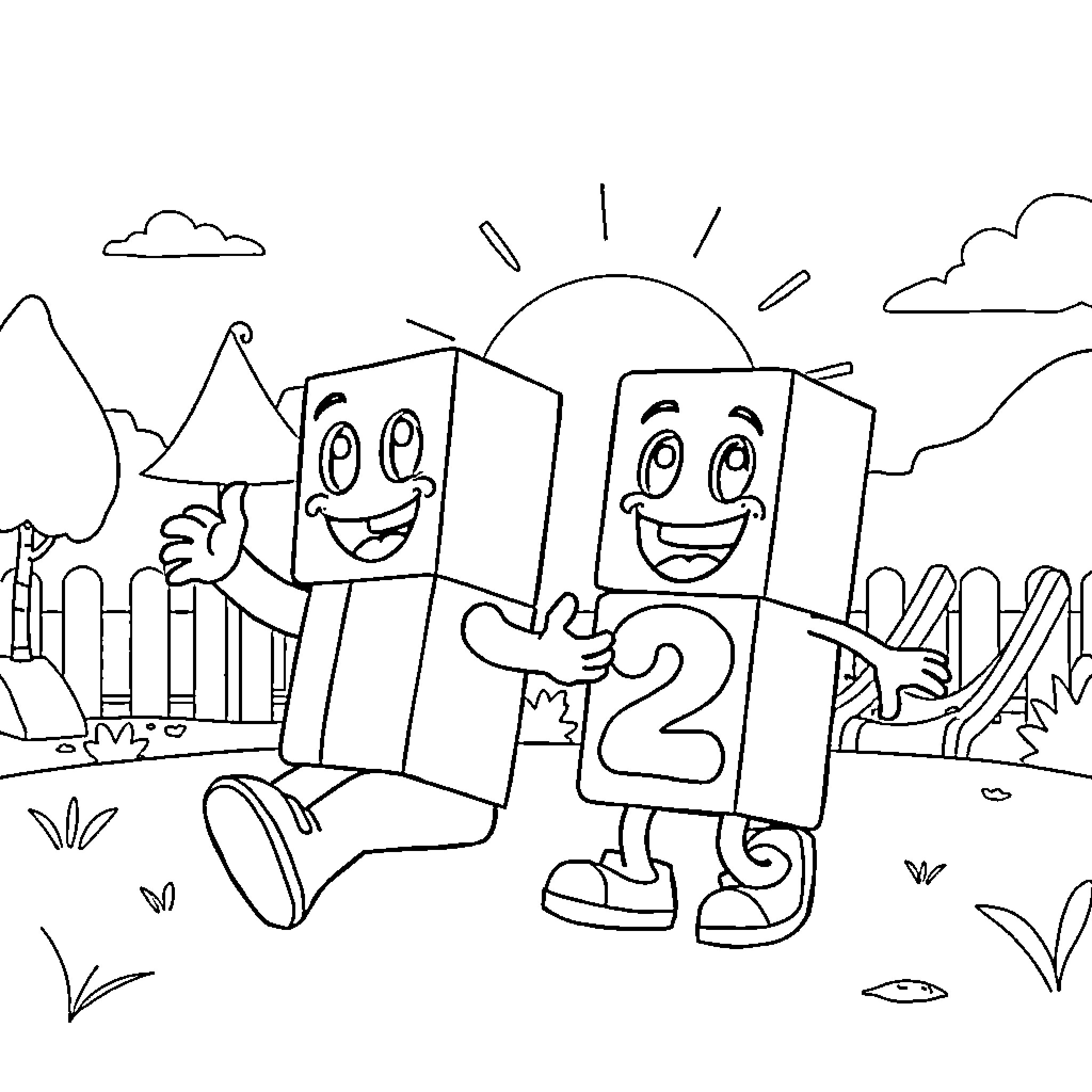 Numberblocks enjoying outdoor adventure Coloring Page (free black-and-white line drawing printable PDF for all, from beginners to advanced learners, including children, teens, adults, and seniors)