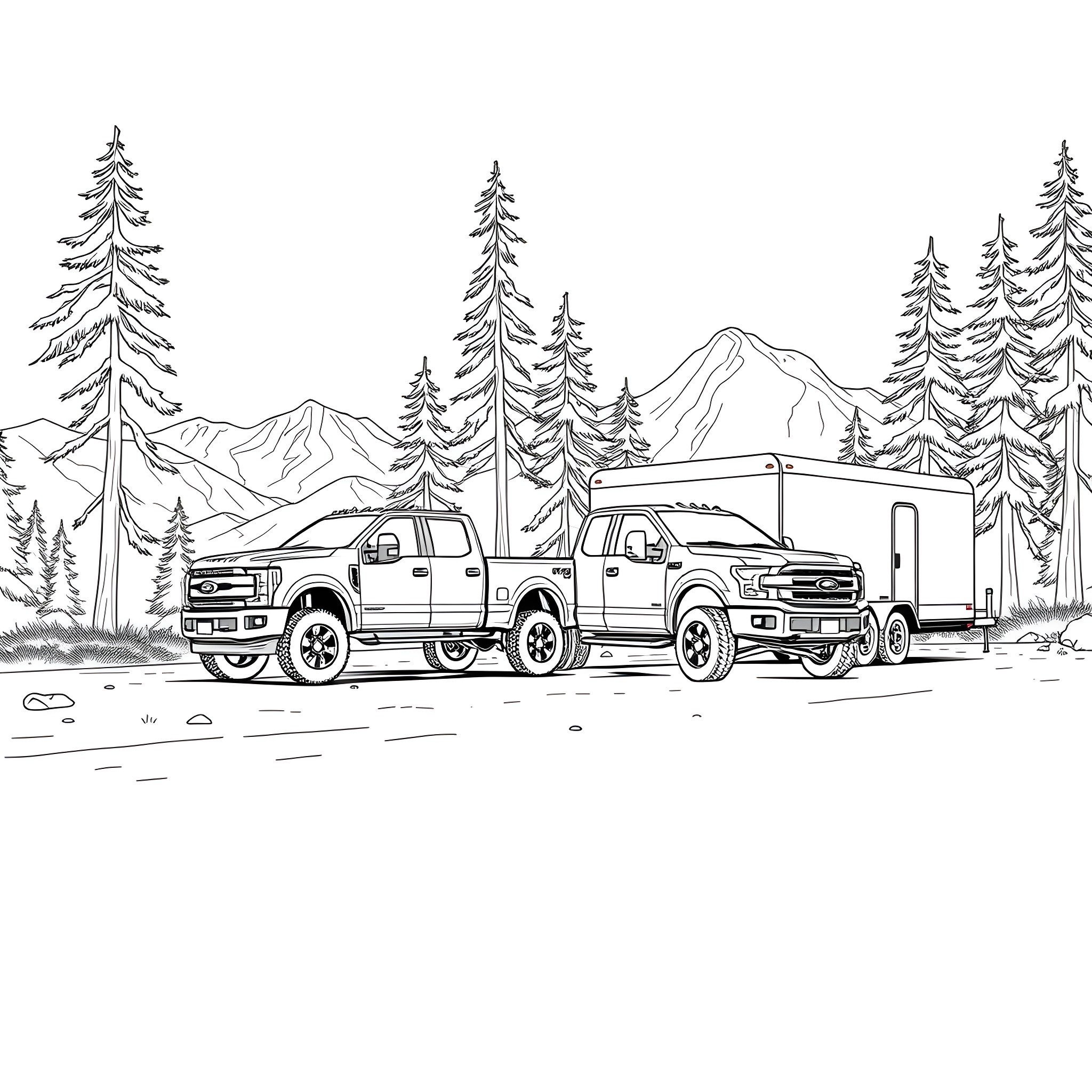 Pickup Truck Towing Camper in Mountain Wilderness Coloring Page (free black-and-white line drawing printable PDF for all, from beginners to advanced learners, including children, teens, adults, and seniors)
