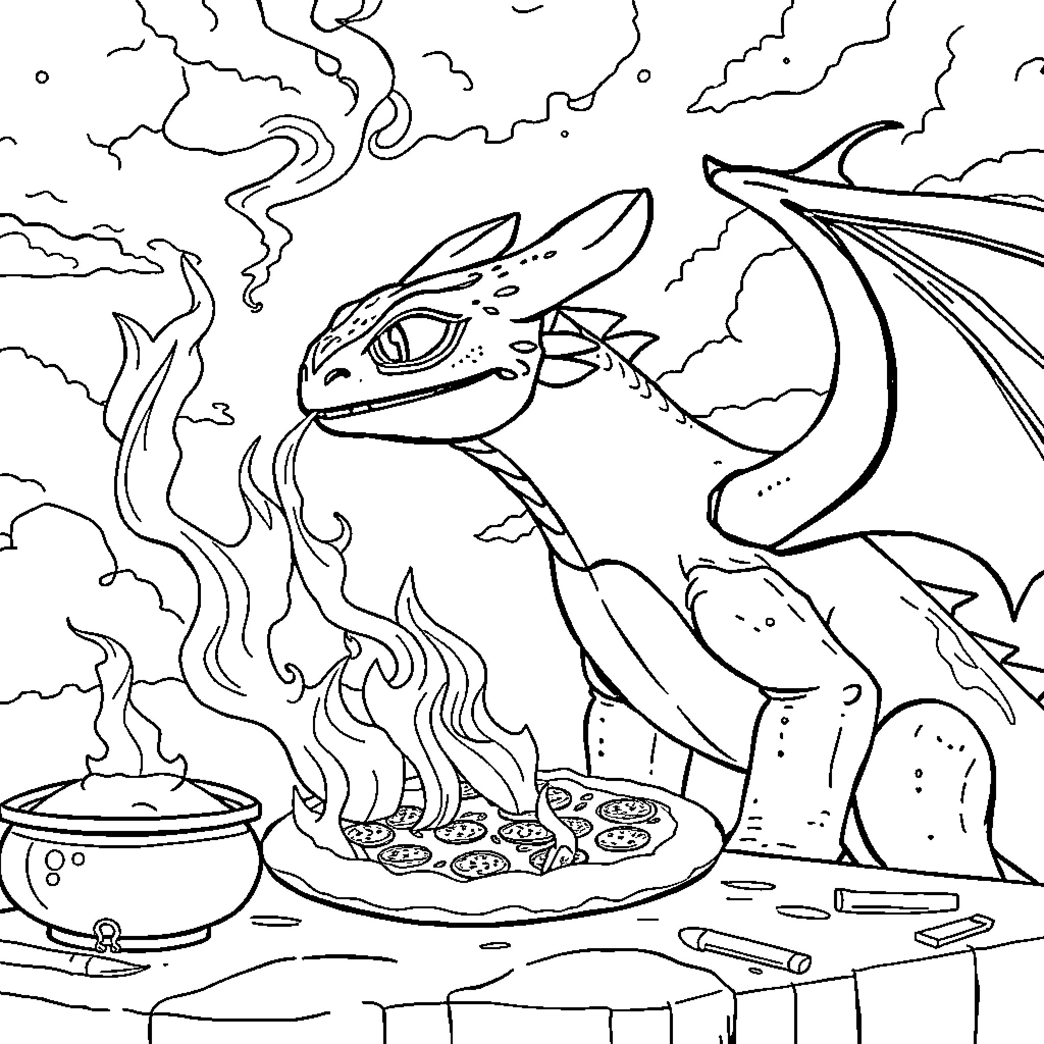 Dragon cooking delightful meal over fire Coloring Page (free black-and-white line drawing printable PDF for all, from beginners to advanced learners, including children, teens, adults, and seniors)