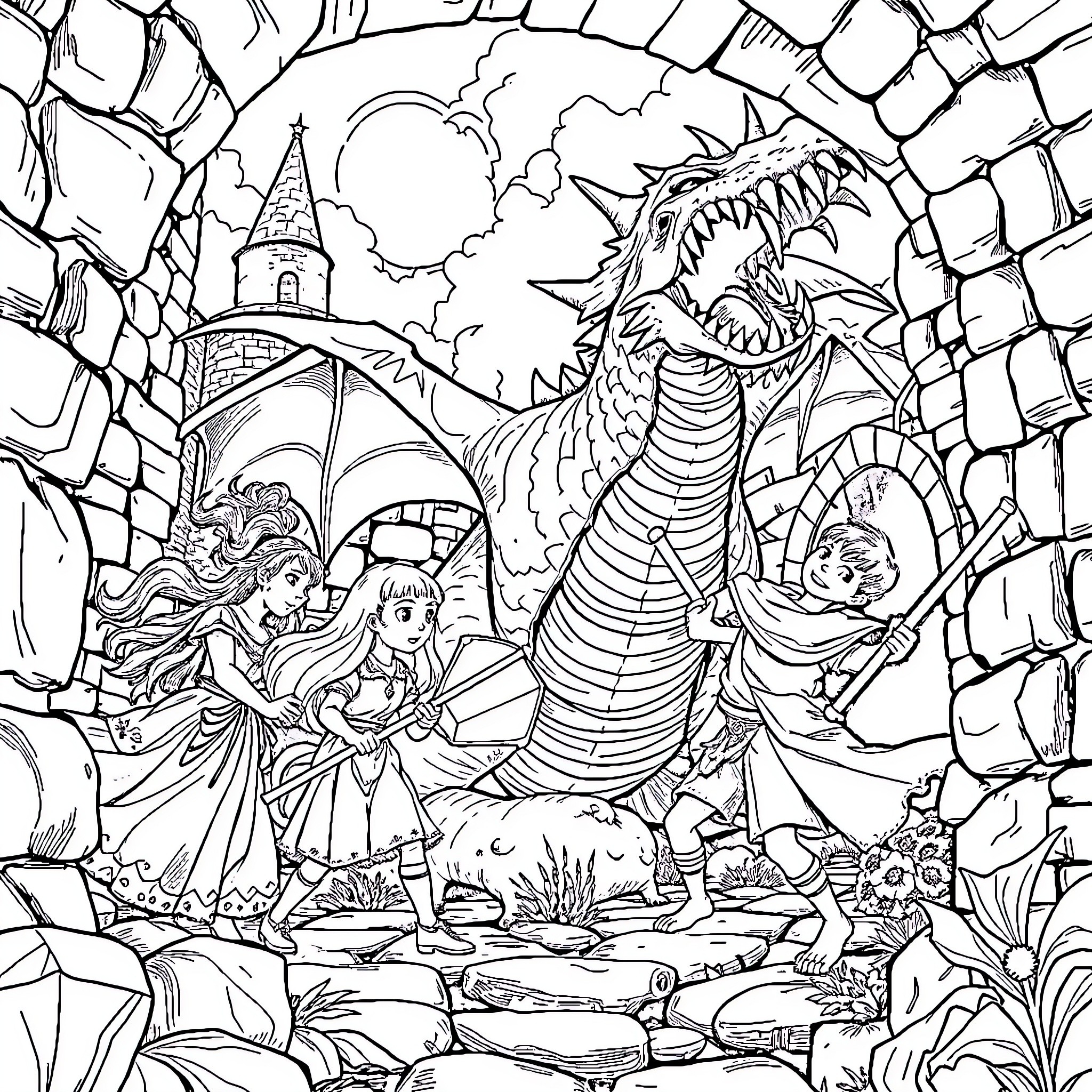 Dragon Confrontation in a Fantastical Realm Coloring Page (free black-and-white line drawing printable PDF for all, from beginners to advanced learners, including children, teens, adults, and seniors)