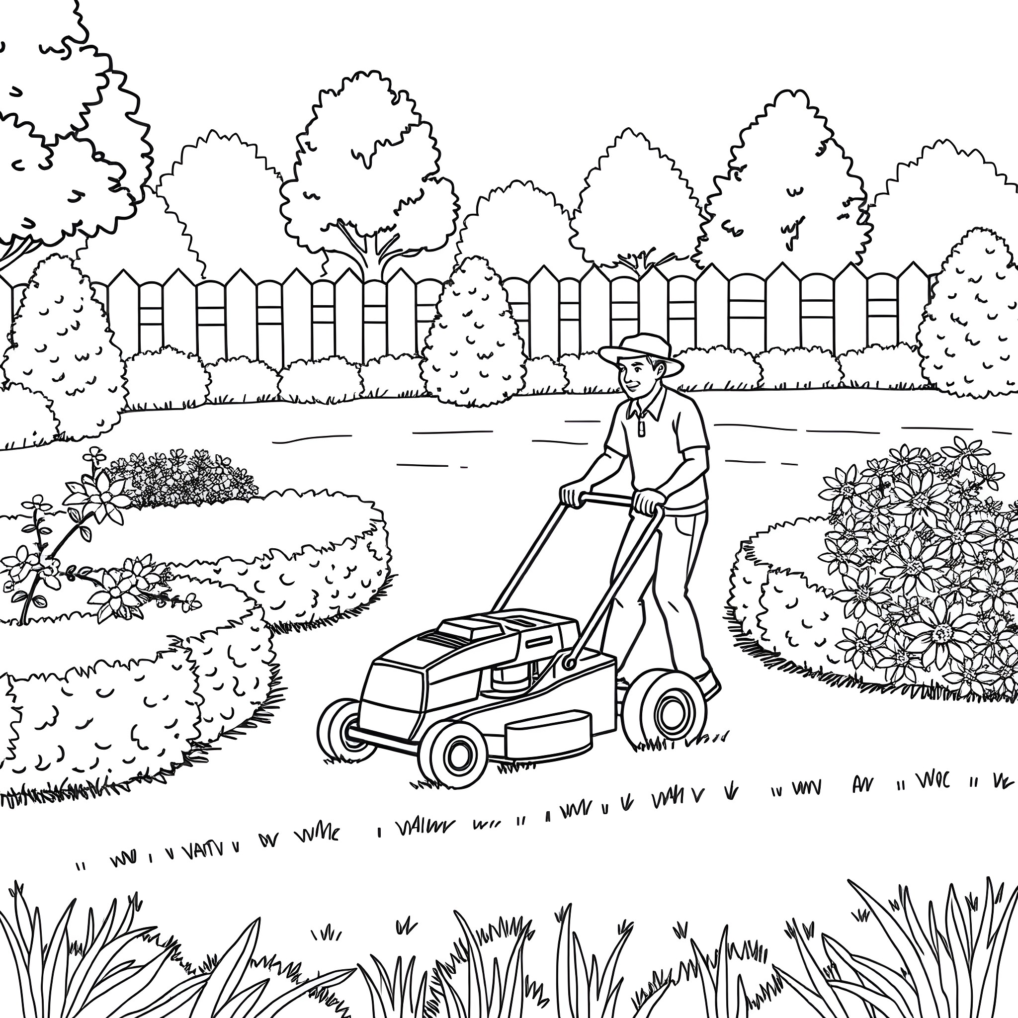 Guy mowing the lawn in a yard with trees and flowers Coloring Page (free black-and-white line drawing printable PDF for all, from beginners to advanced learners, including children, teens, adults, and seniors)