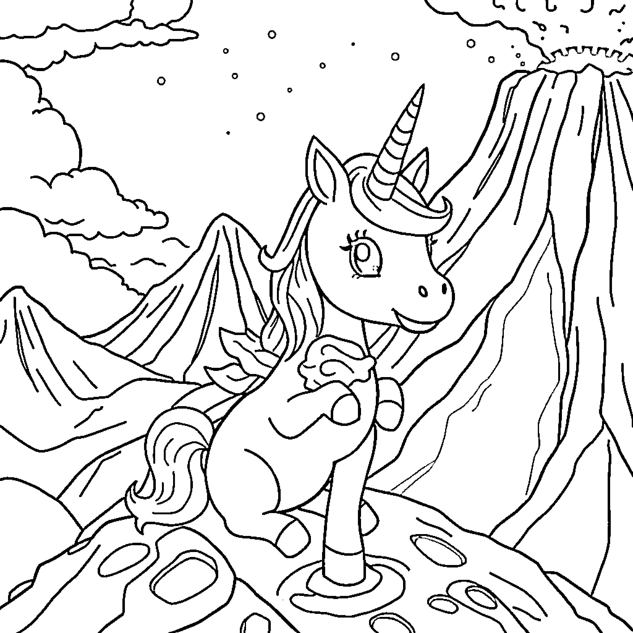 Unicorn exploring the magical mountain landscape Coloring Page (free black-and-white line drawing printable PDF for all, from beginners to advanced learners, including children, teens, adults, and seniors)
