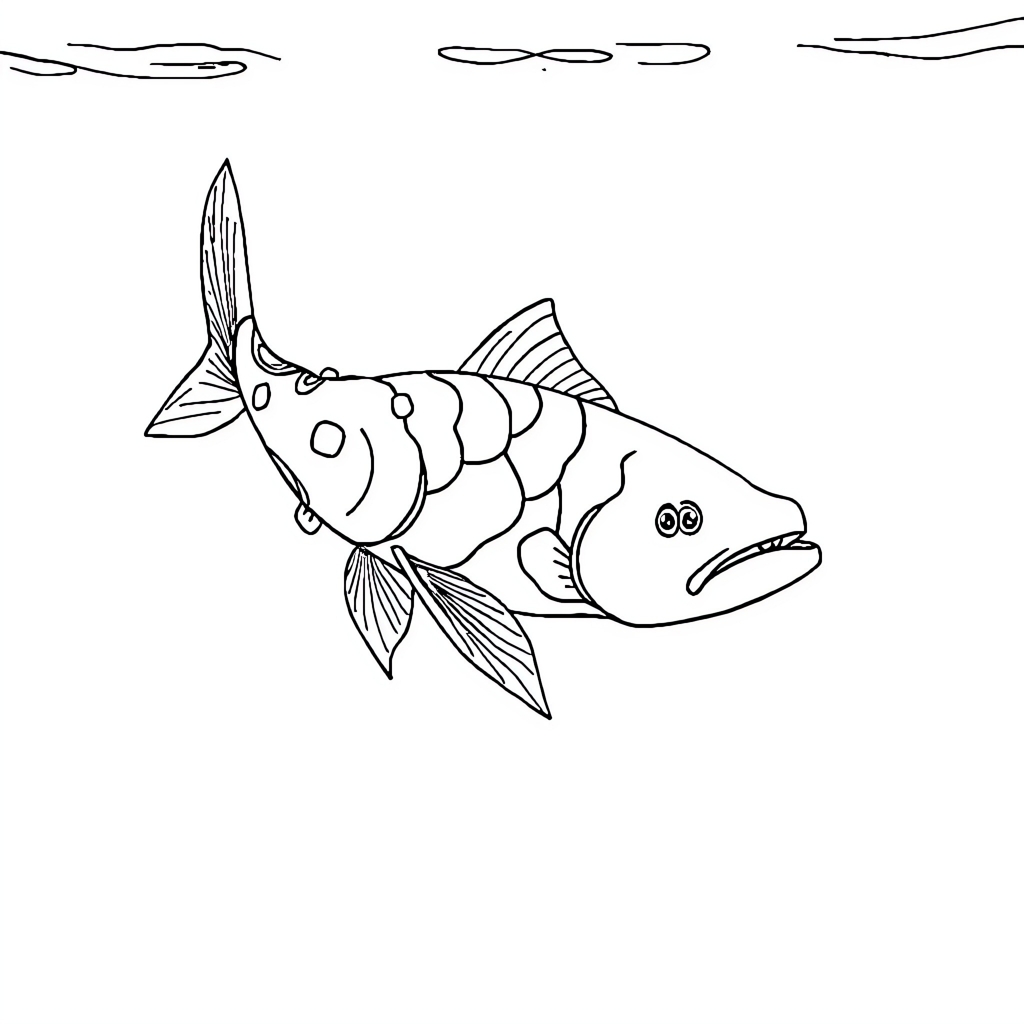 Ikan Hia cartoon fish illustration Coloring Page (free black-and-white line drawing printable PDF for all, from beginners to advanced learners, including children, teens, adults, and seniors)