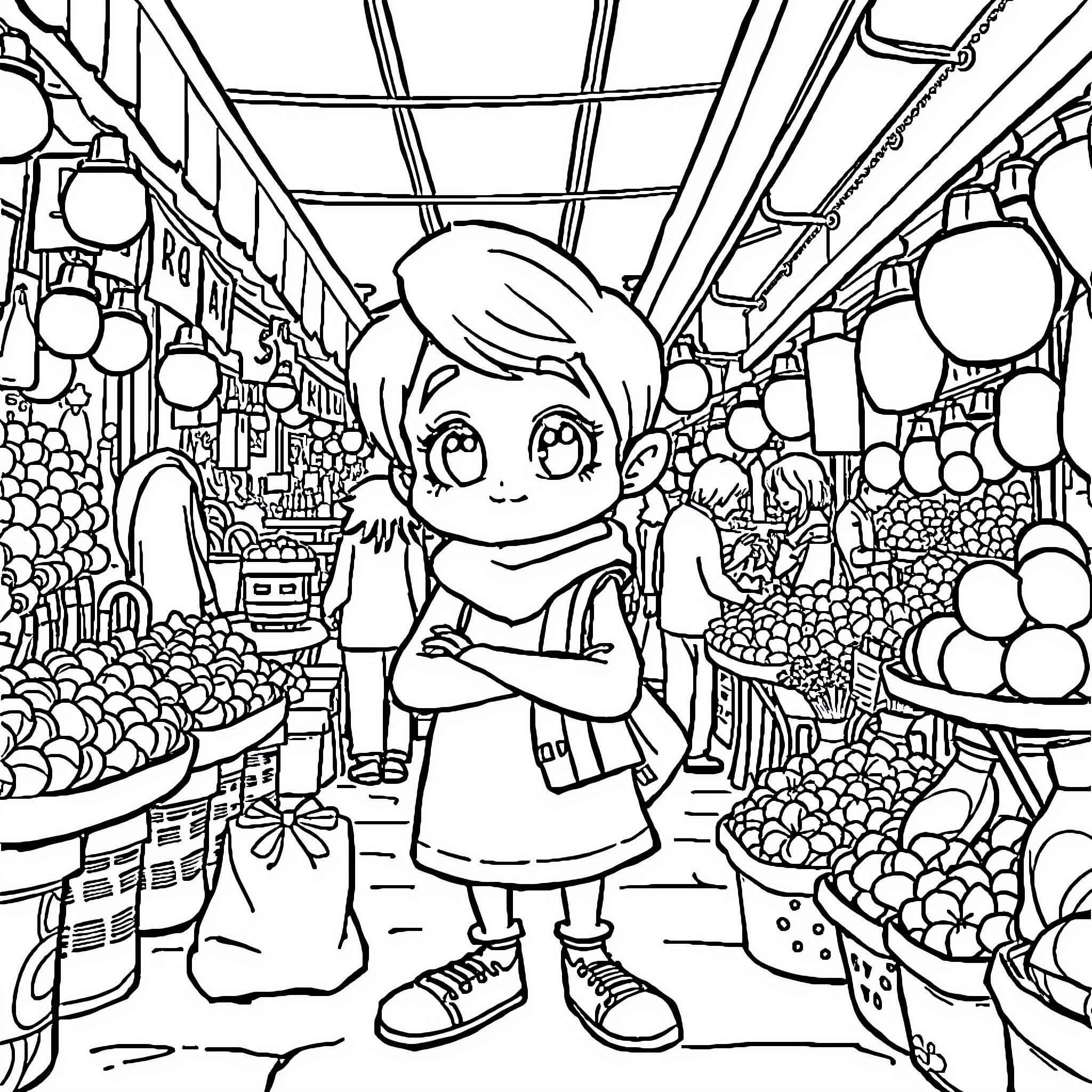 Egal Girl exploring vibrant market stalls Coloring Page (free black-and-white line drawing printable PDF for all, from beginners to advanced learners, including children, teens, adults, and seniors)