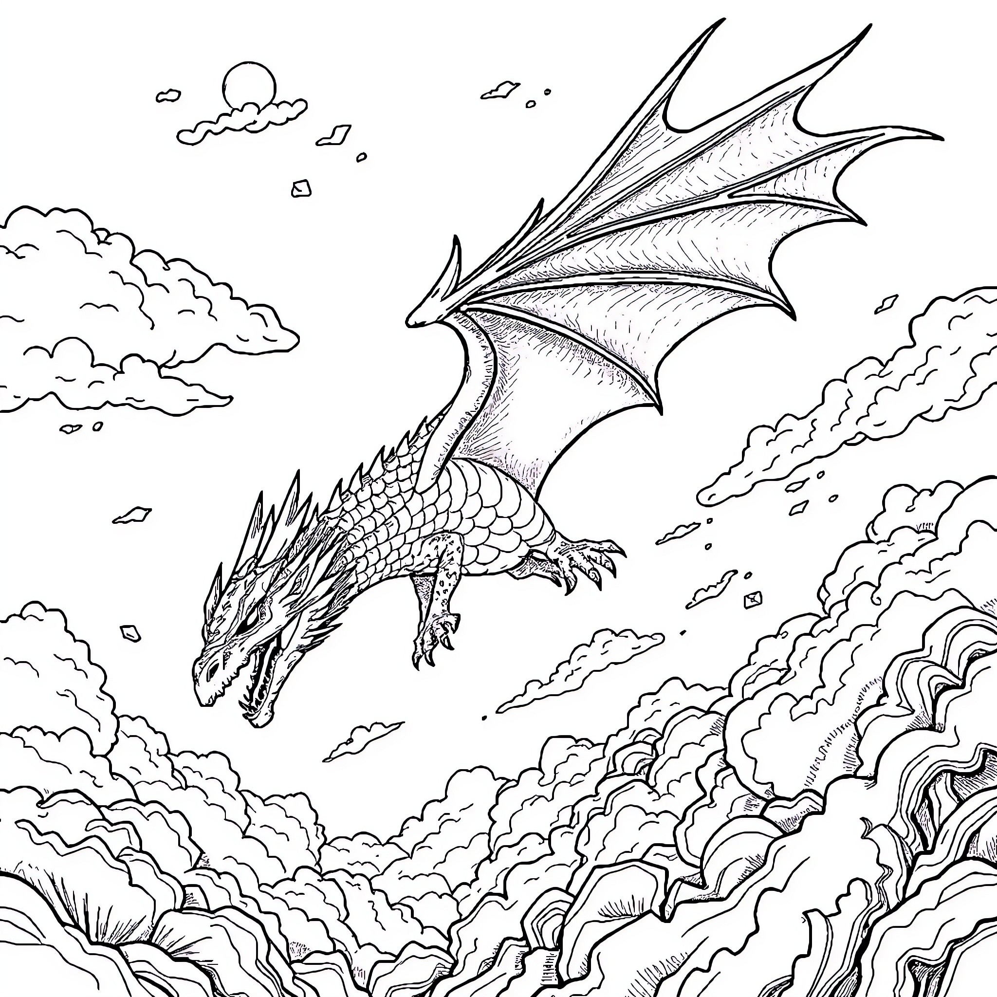 Dragon soaring through the cloudy sky Coloring Page (free black-and-white line drawing printable PDF for all, from beginners to advanced learners, including children, teens, adults, and seniors)
