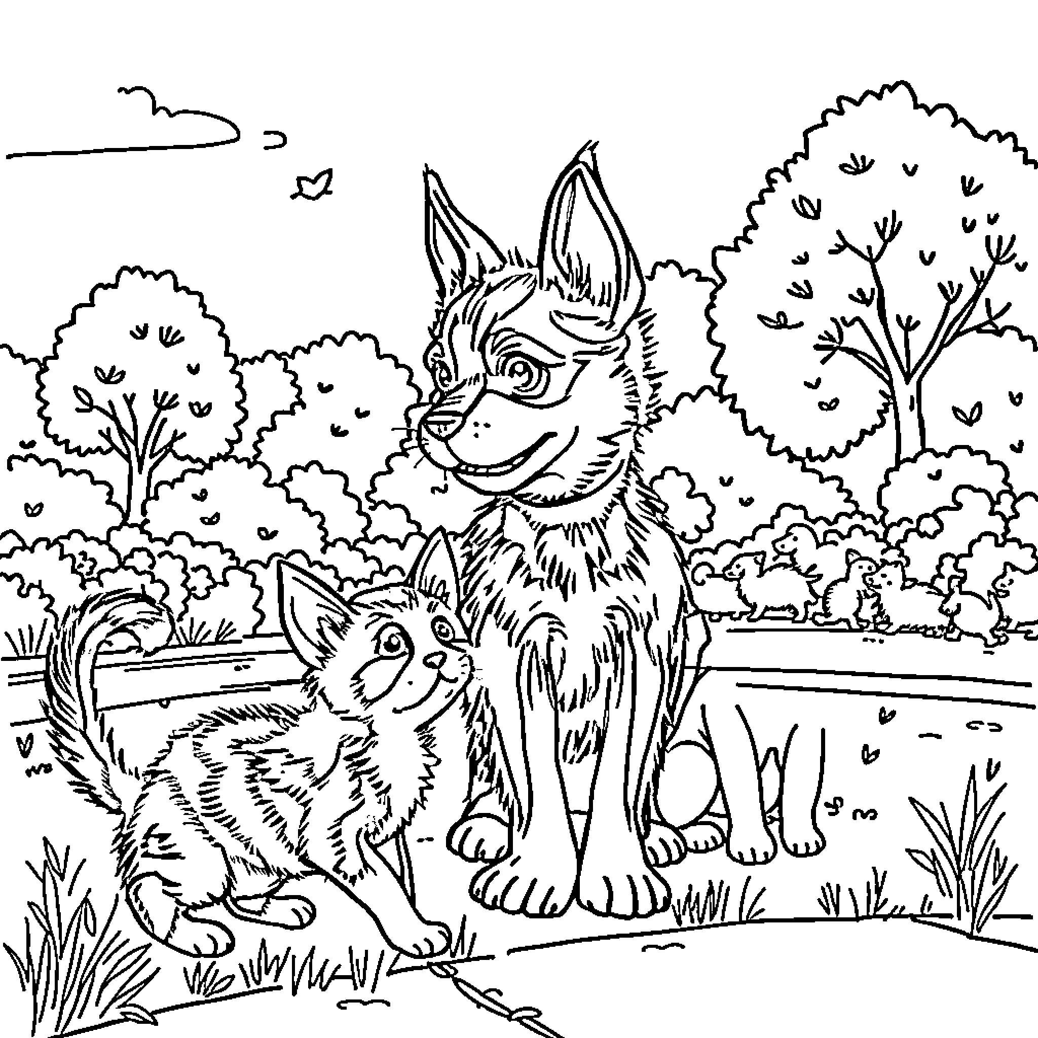 Dog and Cat Playing in the Park Coloring Page (free black-and-white line drawing printable PDF for all, from beginners to advanced learners, including children, teens, adults, and seniors)