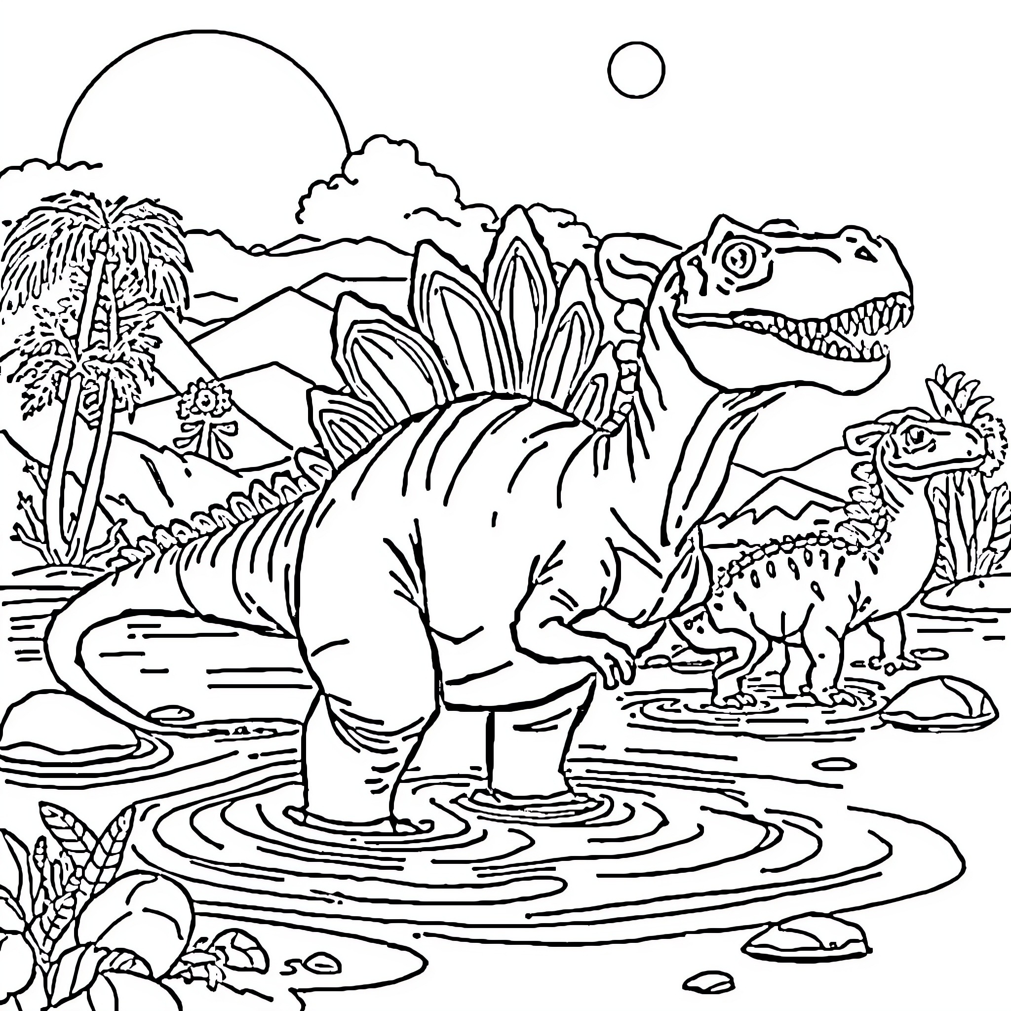 Dinosaurs exploring prehistoric landscape Coloring Page (free black-and-white line drawing printable PDF for all, from beginners to advanced learners, including children, teens, adults, and seniors)