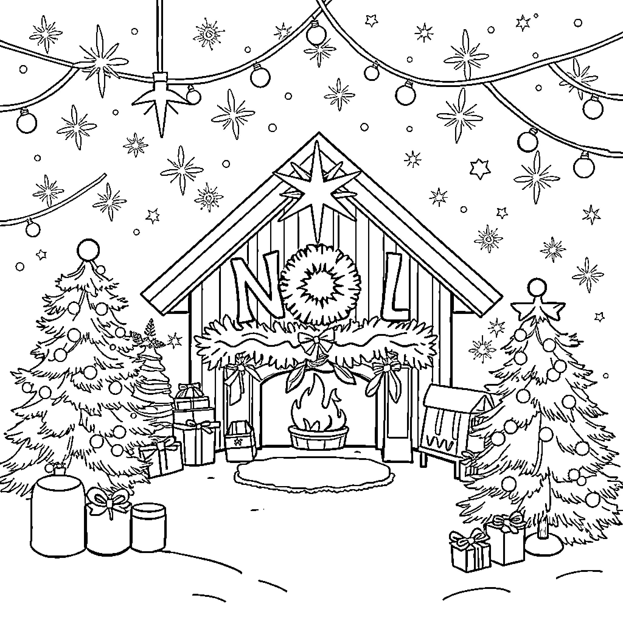 Noel nativity scene with festive decorations Coloring Page (free black-and-white line drawing printable PDF for all, from beginners to advanced learners, including children, teens, adults, and seniors)