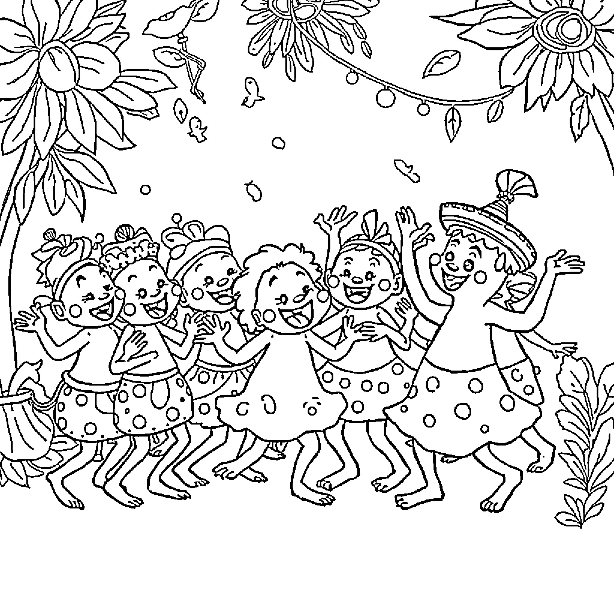 Labubu's Joyful Dance in the Flower Garden Coloring Page (free black-and-white line drawing printable PDF for all, from beginners to advanced learners, including children, teens, adults, and seniors)