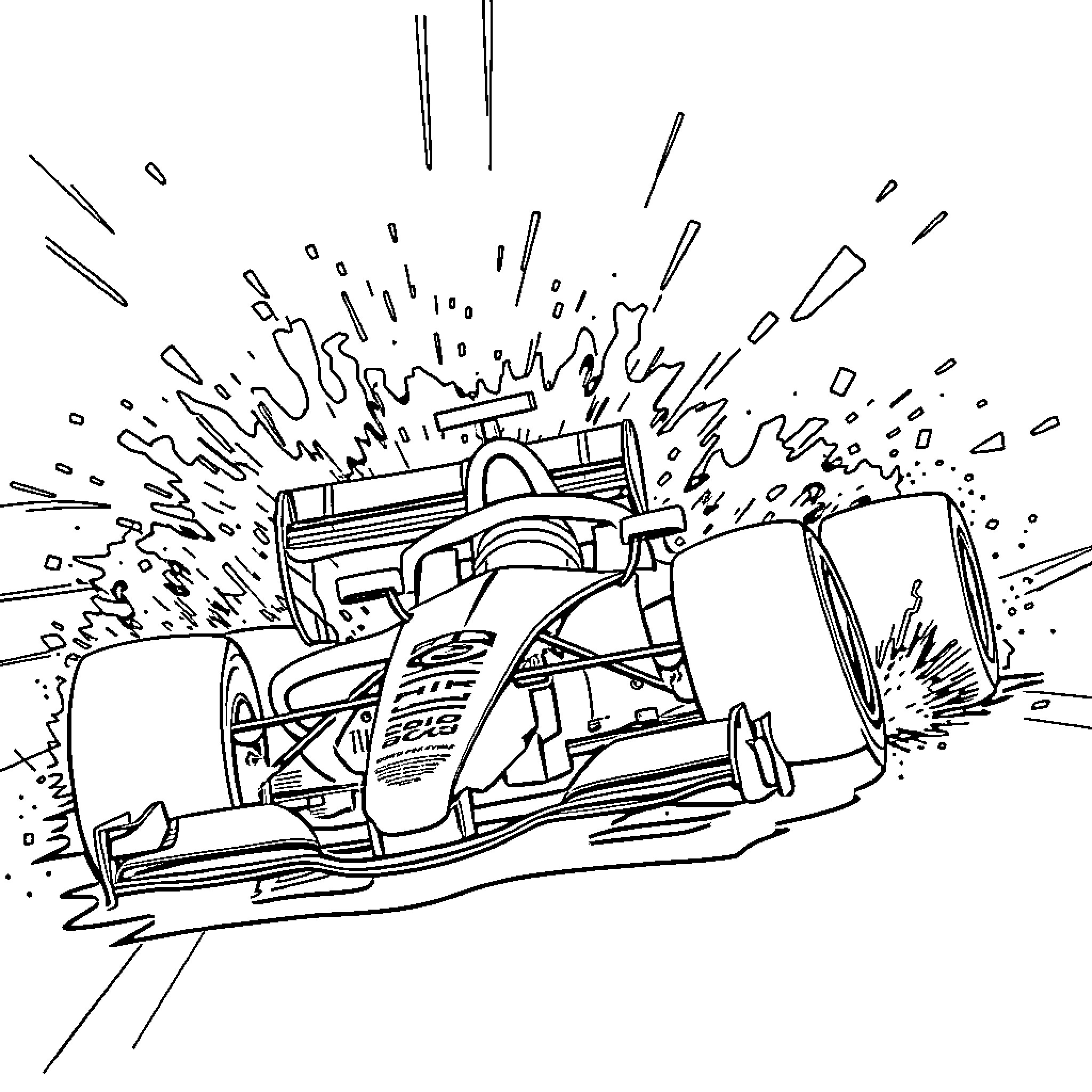 F1 Car racing at high speed on the track Coloring Page (free black-and-white line drawing printable PDF for all, from beginners to advanced learners, including children, teens, adults, and seniors)