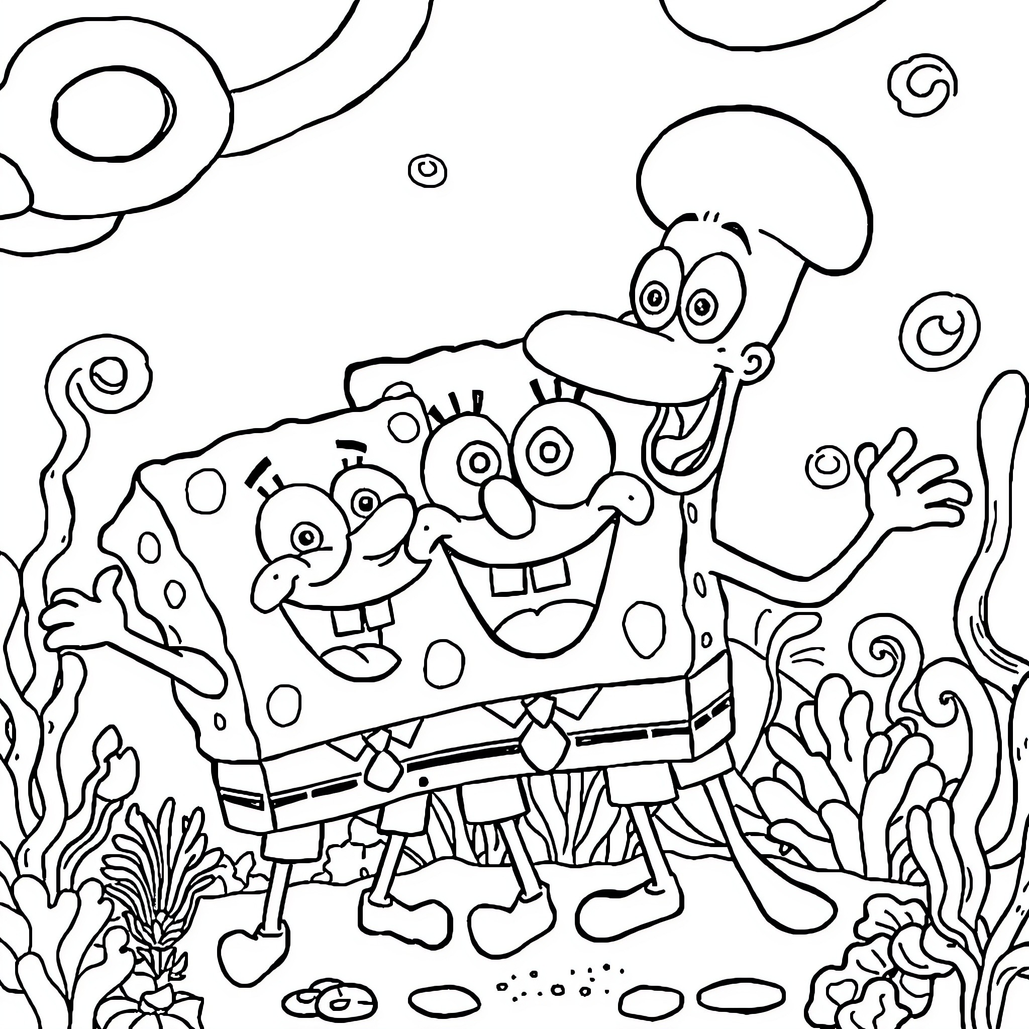 Spongebob and Patrick happily exploring the ocean Coloring Page (free black-and-white line drawing printable PDF for all, from beginners to advanced learners, including children, teens, adults, and seniors)