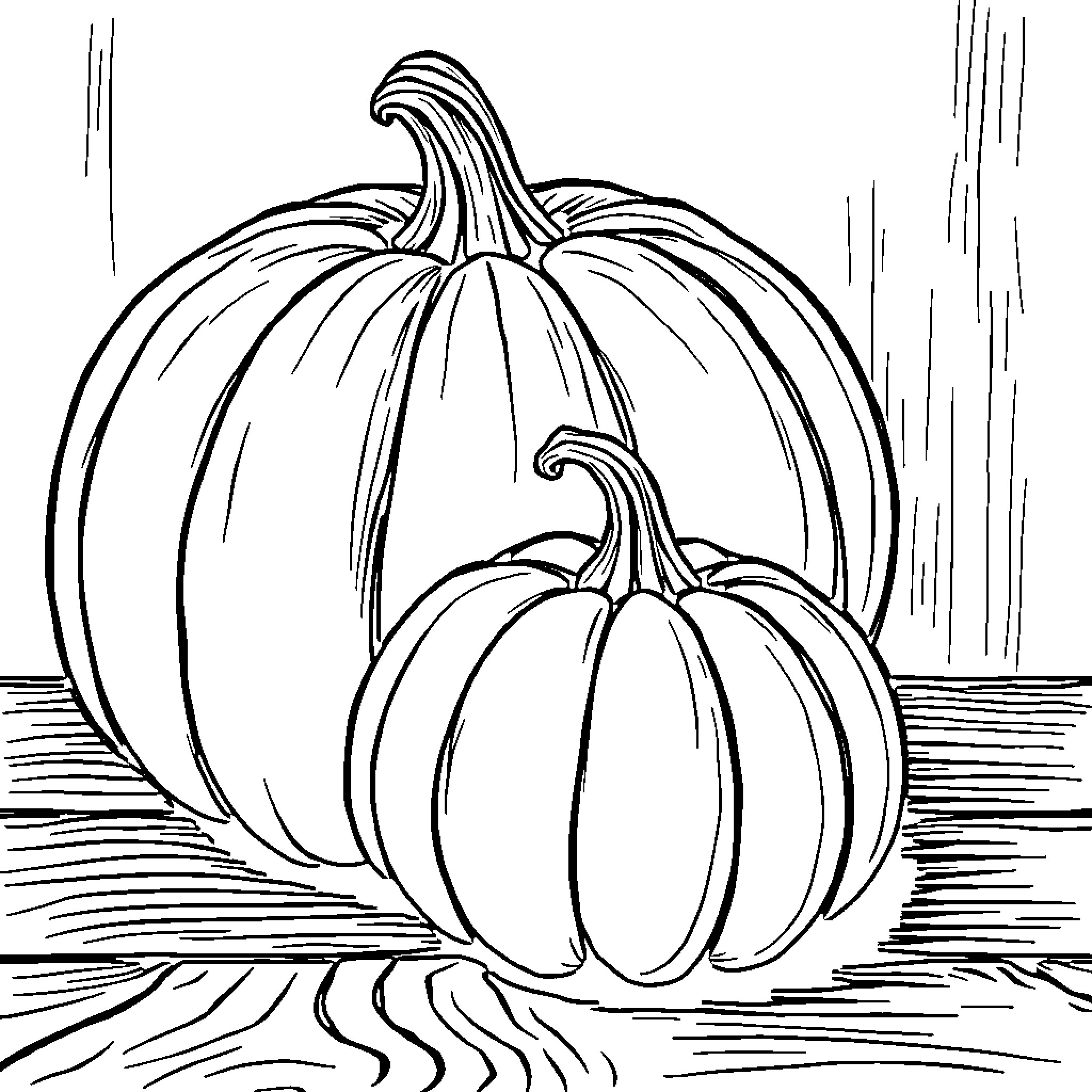 Pumpkins standing together on a wooden surface Coloring Page (free black-and-white line drawing printable PDF for all, from beginners to advanced learners, including children, teens, adults, and seniors)
