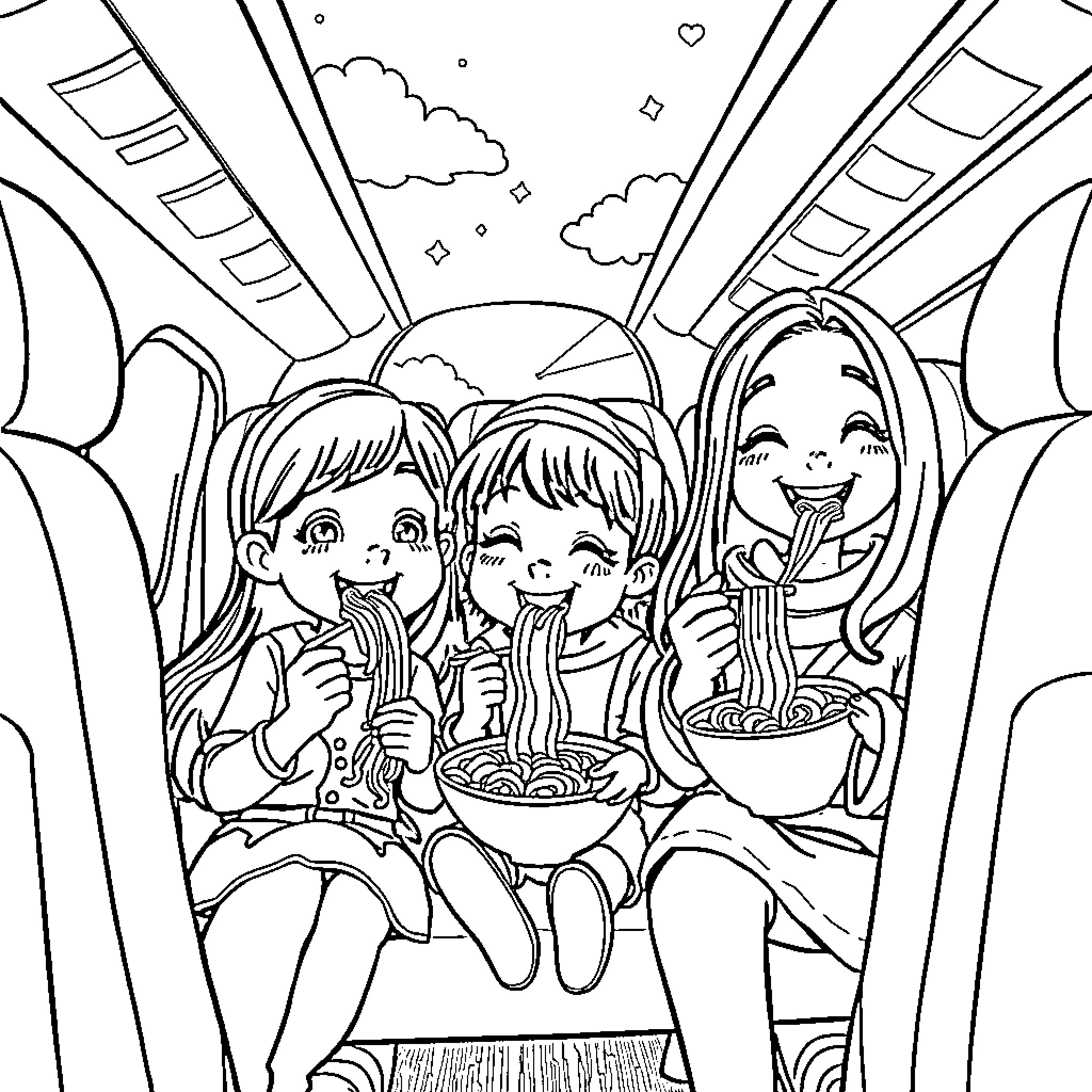 Kpop Idols Enjoying Noodles Together Coloring Page (free black-and-white line drawing printable PDF for all, from beginners to advanced learners, including children, teens, adults, and seniors)