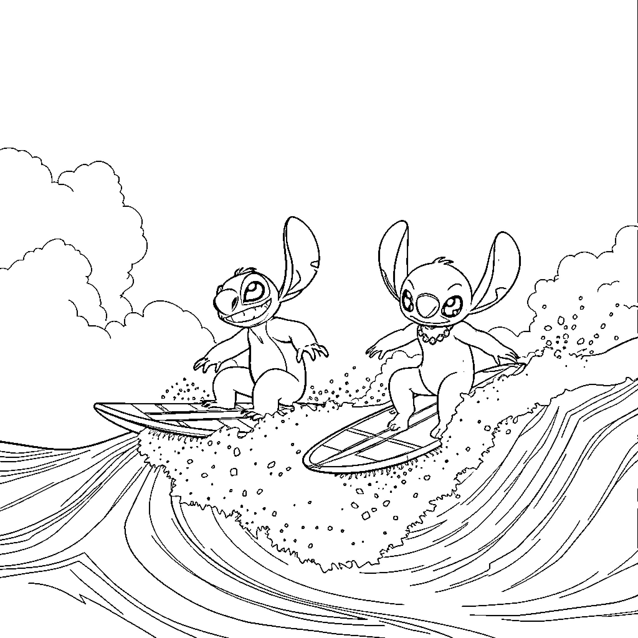 Lilo and Stitch surfing the waves Coloring Page (free black-and-white line drawing printable PDF for all, from beginners to advanced learners, including children, teens, adults, and seniors)