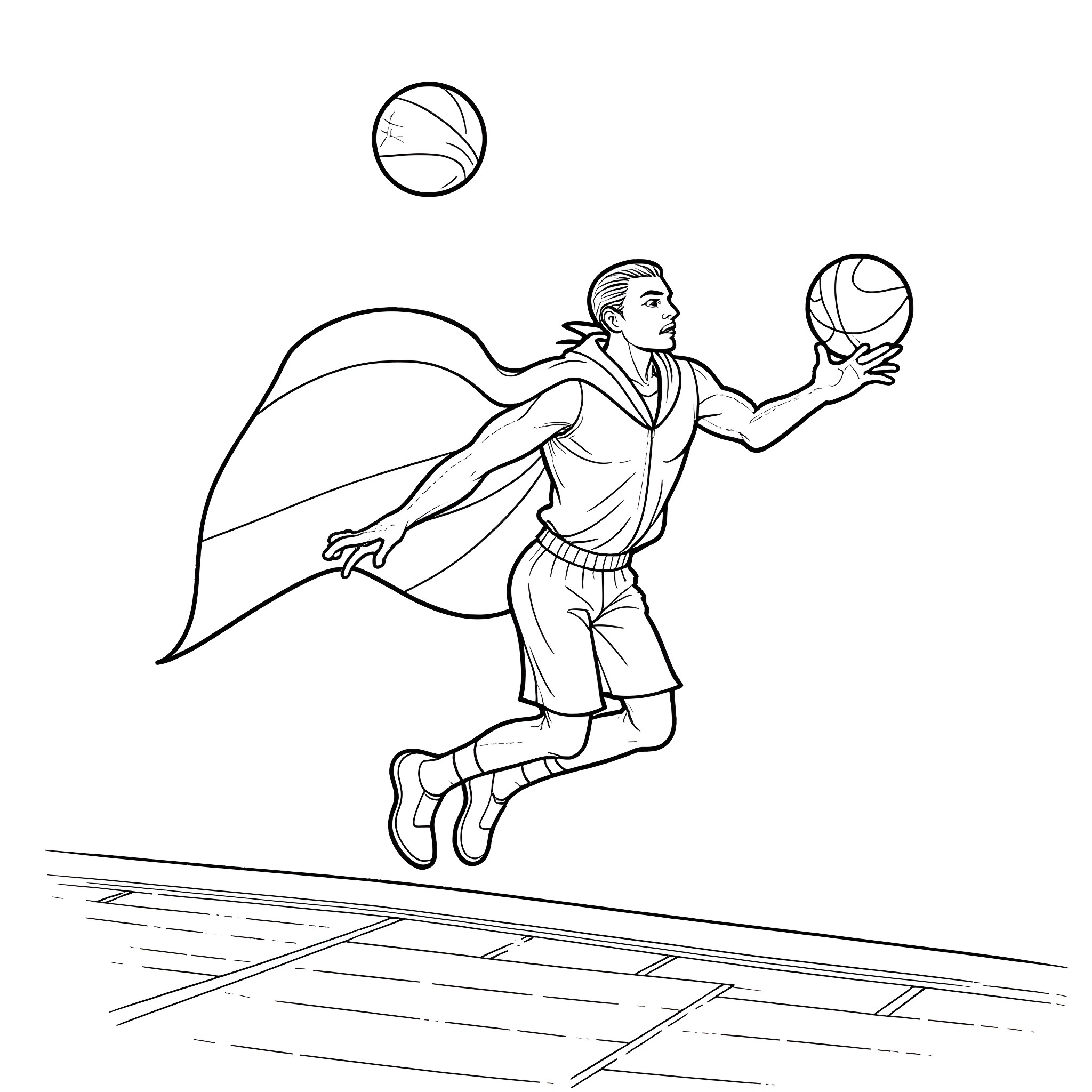 Vampire Dunking a Basketball Coloring Page (free black-and-white line drawing printable PDF for all, from beginners to advanced learners, including children, teens, adults, and seniors)