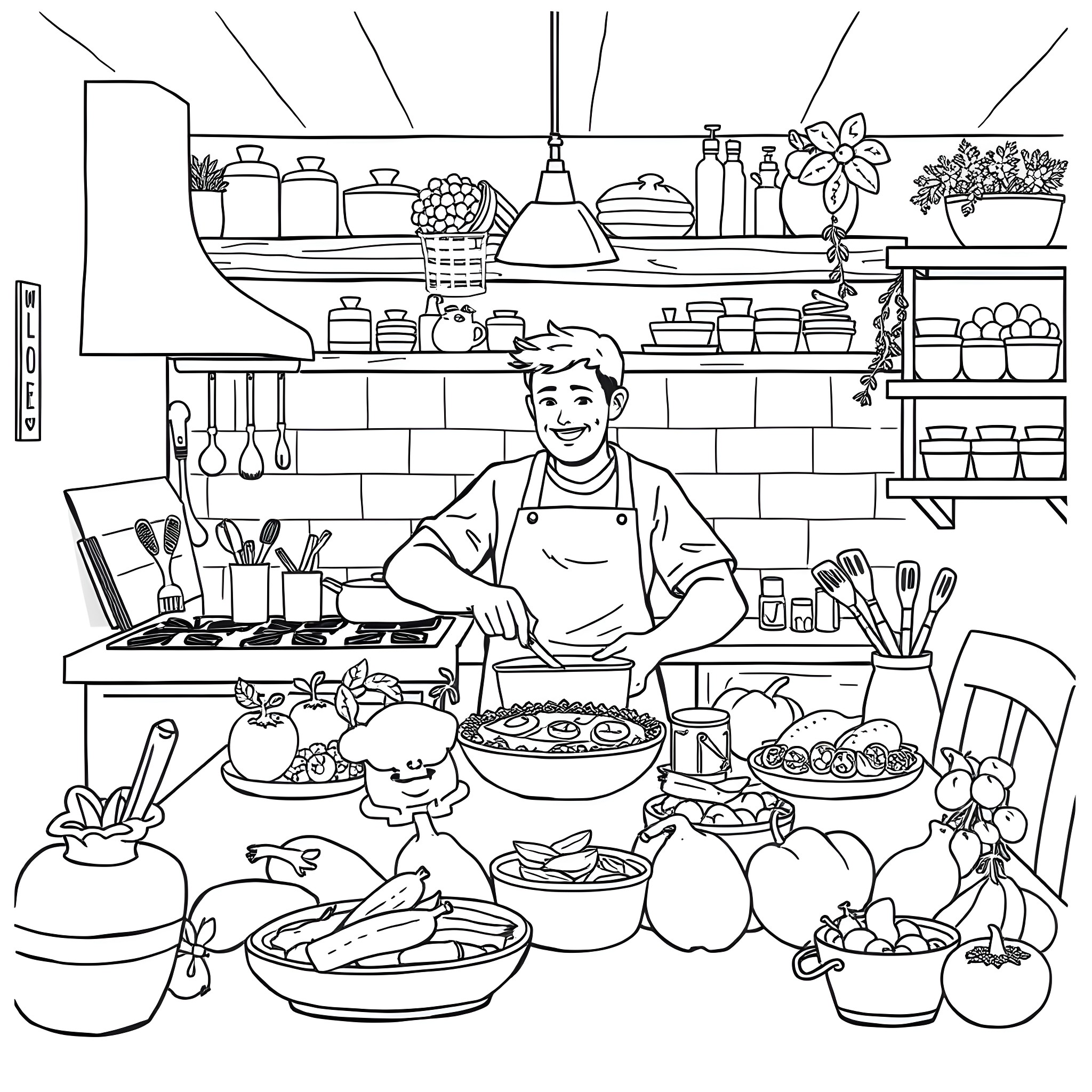 Christian chef preparing a meal in the kitchen Coloring Page (free black-and-white line drawing printable PDF for all, from beginners to advanced learners, including children, teens, adults, and seniors)