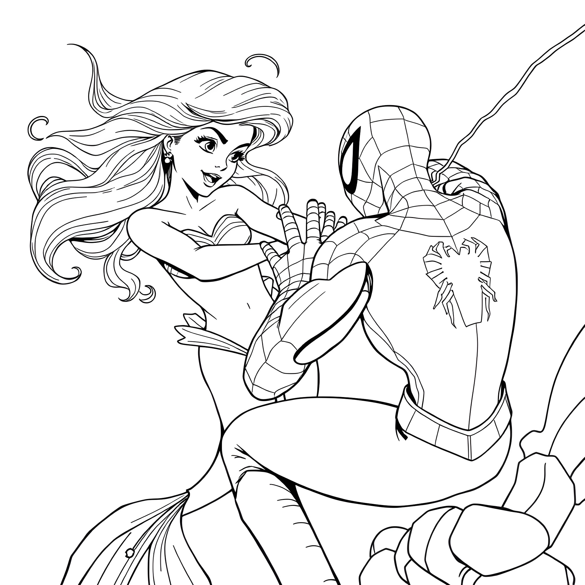 Ariel and Spider-Man in an adventurous encounter Coloring Page (free black-and-white line drawing printable PDF for all, from beginners to advanced learners, including children, teens, adults, and seniors)