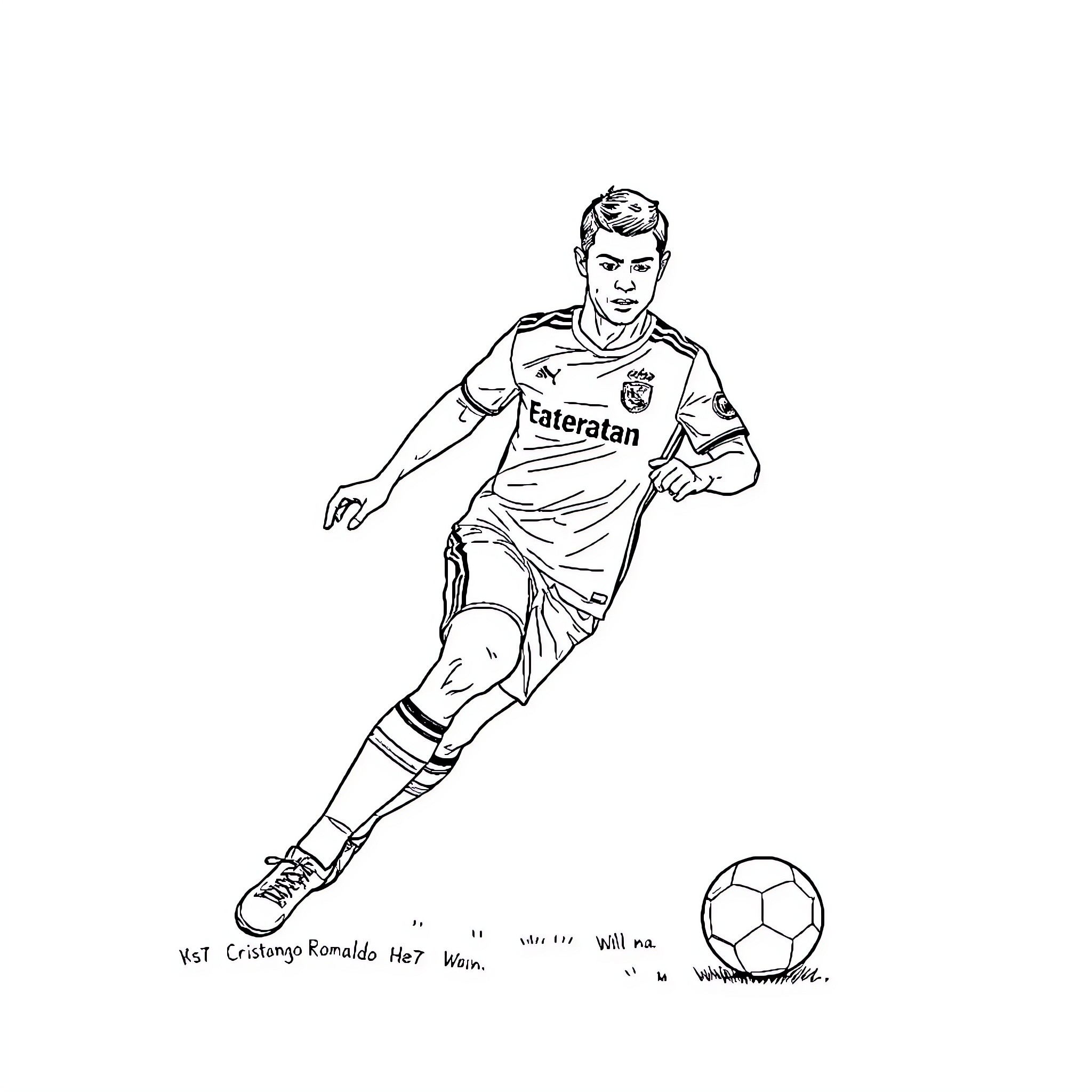 Cr7 soccer player kicking the ball Coloring Page (free black-and-white line drawing printable PDF for all, from beginners to advanced learners, including children, teens, adults, and seniors)