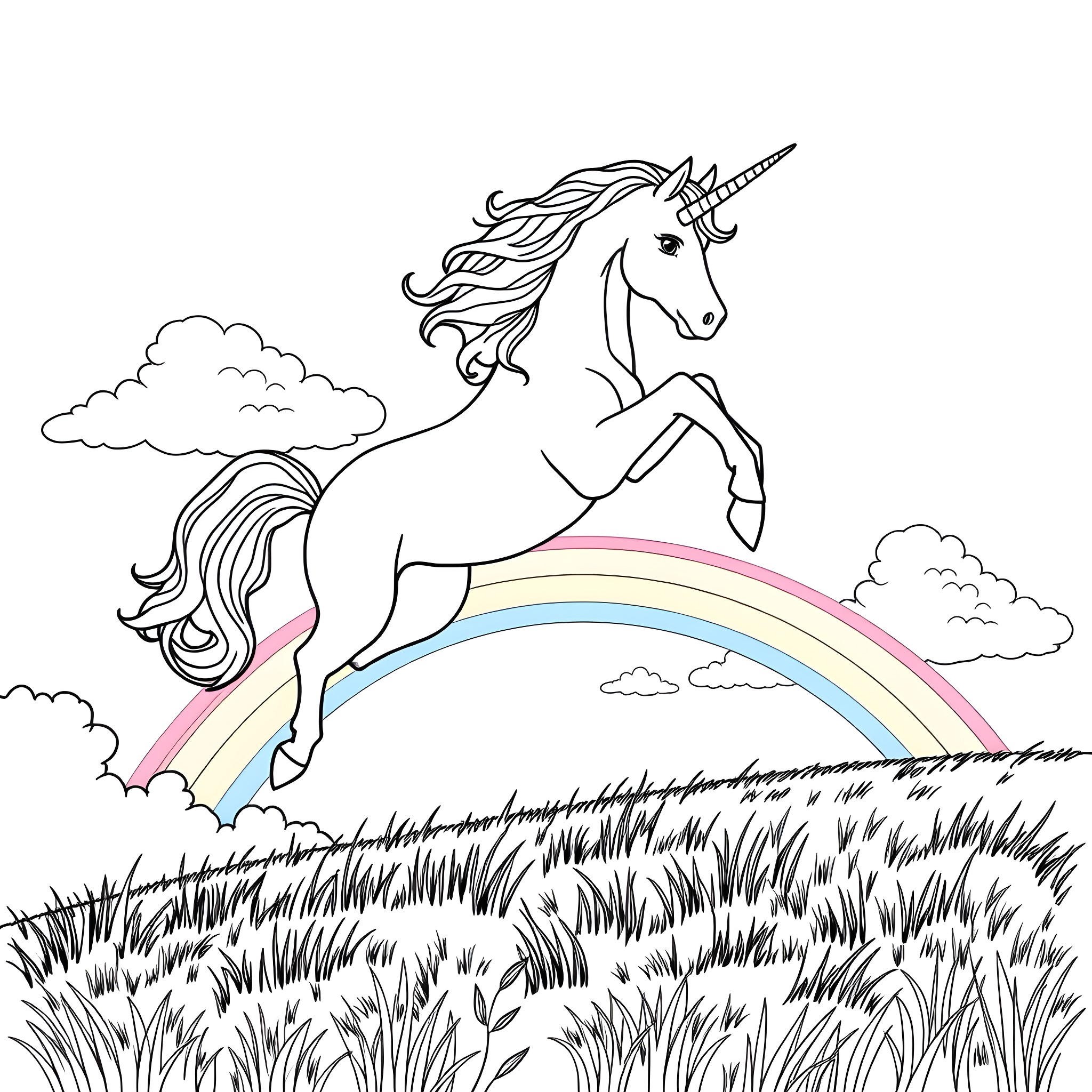 Unicorn prancing joyfully on a rainbow-filled meadow Coloring Page (free black-and-white line drawing printable PDF for all, from beginners to advanced learners, including children, teens, adults, and seniors)