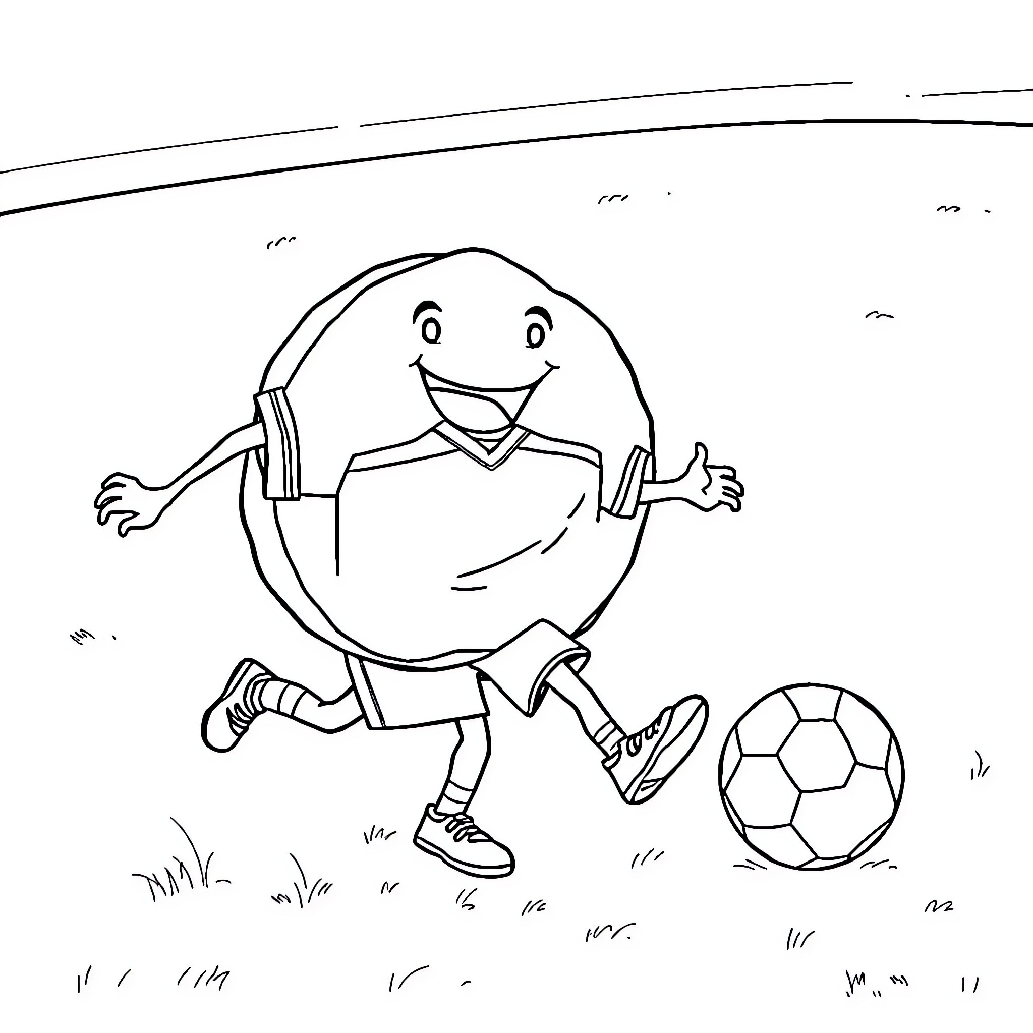 Donut character playing soccer happily on the field Coloring Page (free black-and-white line drawing printable PDF for all, from beginners to advanced learners, including children, teens, adults, and seniors)