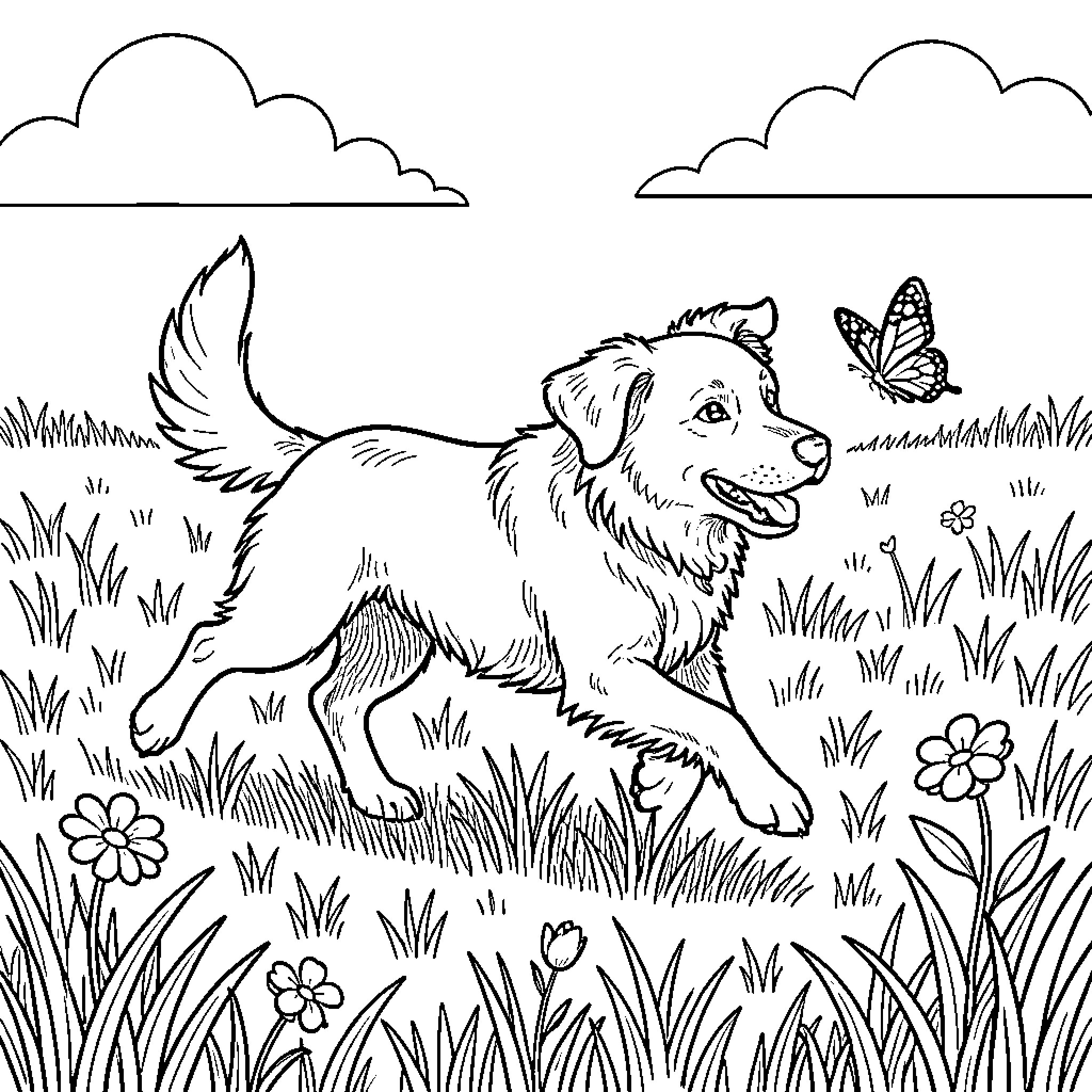 Dog running through a meadow chasing a butterfly Coloring Page (free black-and-white line drawing printable PDF for all, from beginners to advanced learners, including children, teens, adults, and seniors)