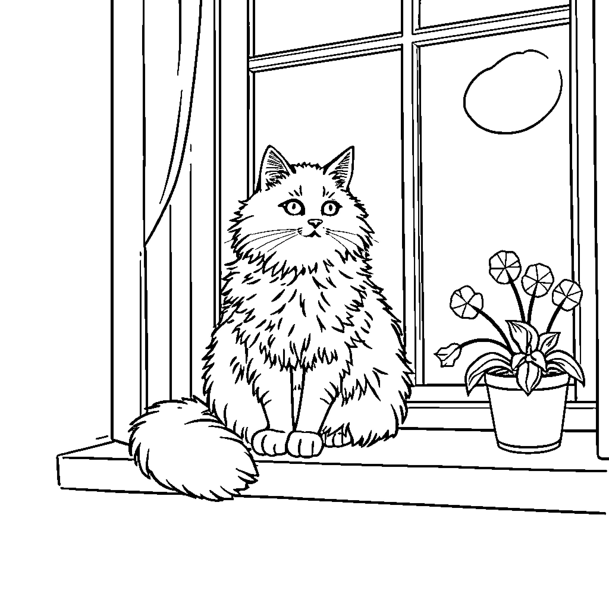 Cat sitting by the window Coloring Page (free black-and-white line drawing printable PDF for all, from beginners to advanced learners, including children, teens, adults, and seniors)